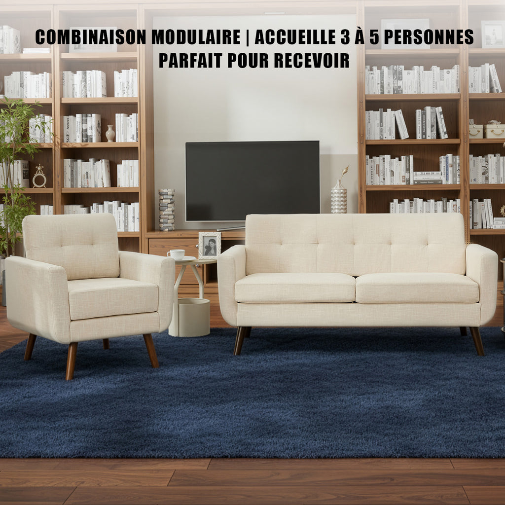 HONEYOU Canapé deux places 165 cm, Canapé deux places décor moderne du milieu du siècle pour salon, Petit canapé rembourré capitonné à boutons pour chambre
