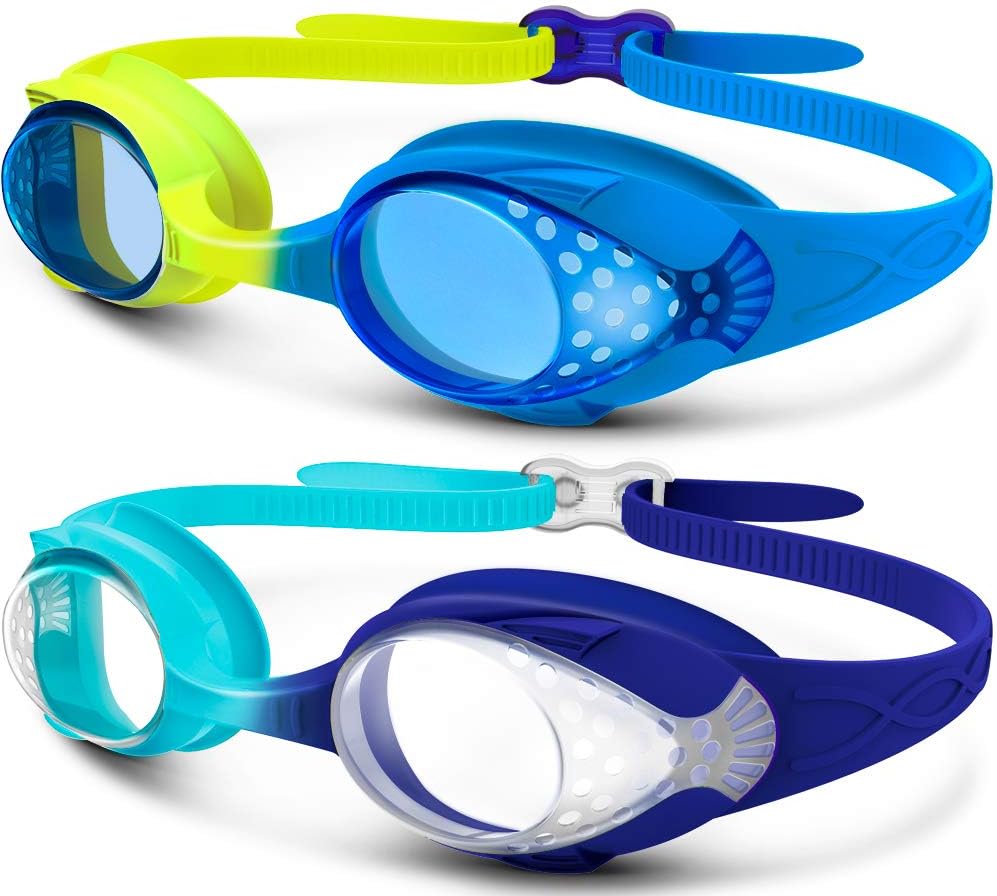OutdoorMaster Lot de 2 lunettes de natation pour enfants Sangle à réglage rapide Jaune et bleu + Bleu