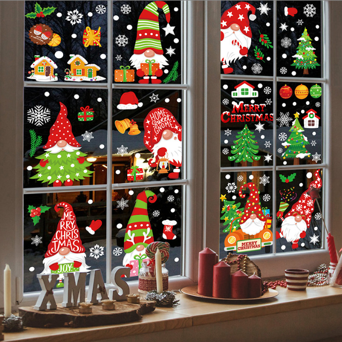 Ju7cer Autocollants de fenêtre de Noël pour enfants, décorations de fenêtre de Noël autoadhésives, motifs de lutins, 9 autocollants de fenêtre de Noël, autocollants de fenêtre d'hiver, décorations