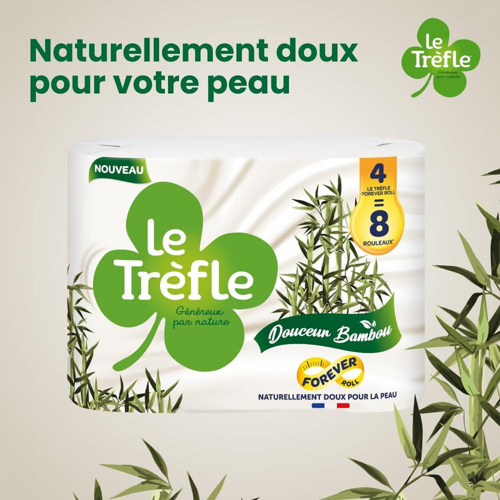 LE TRÈFLE Papier Toilette Mélange de Fibres de Bambou, 12 Rouleaux (Équivalent à 24 Rouleaux Standard) (3 Paquets de 4)