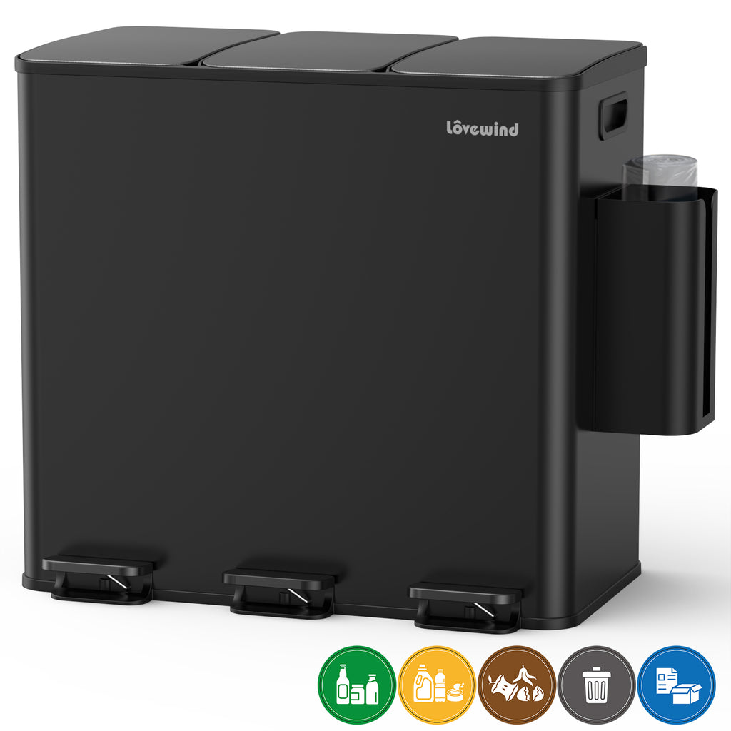 Poubelle de cuisine 60 L (3 x 20 L) en acier inoxydable, poubelle et bac de recyclage combinés avec couvercle à fermeture douce, poubelle à pédale à double compartiment pour recyclage, noir