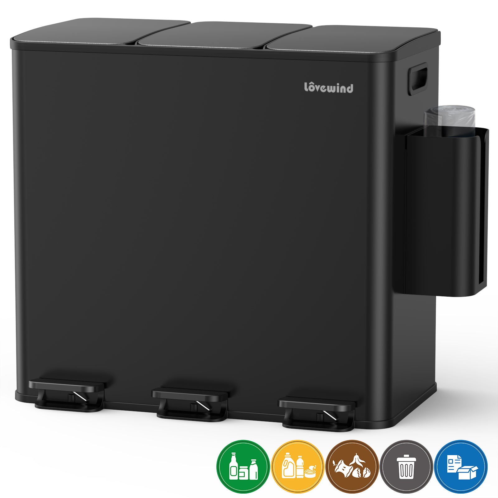 Poubelle de cuisine 60 L (3 x 20 L) en acier inoxydable, poubelle et bac de recyclage combinés avec couvercle à fermeture douce, poubelle à pédale à double compartiment pour recyclage, noir