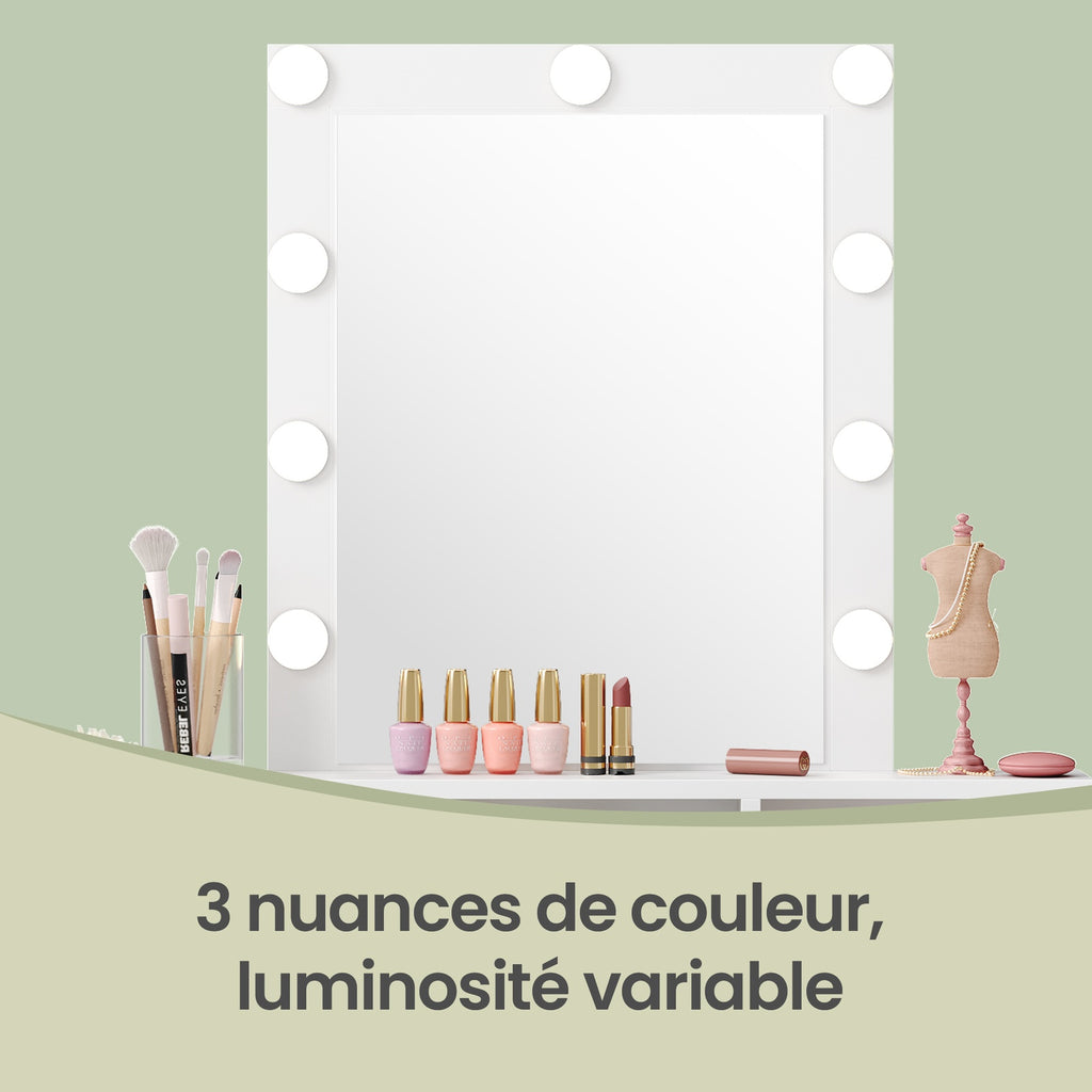 JOYFURNOS Coiffeuse avec Grand Miroir LED, 2 Tiroirs et 3 Compartiments, Coin Beauté, Style Moderne, Blanc