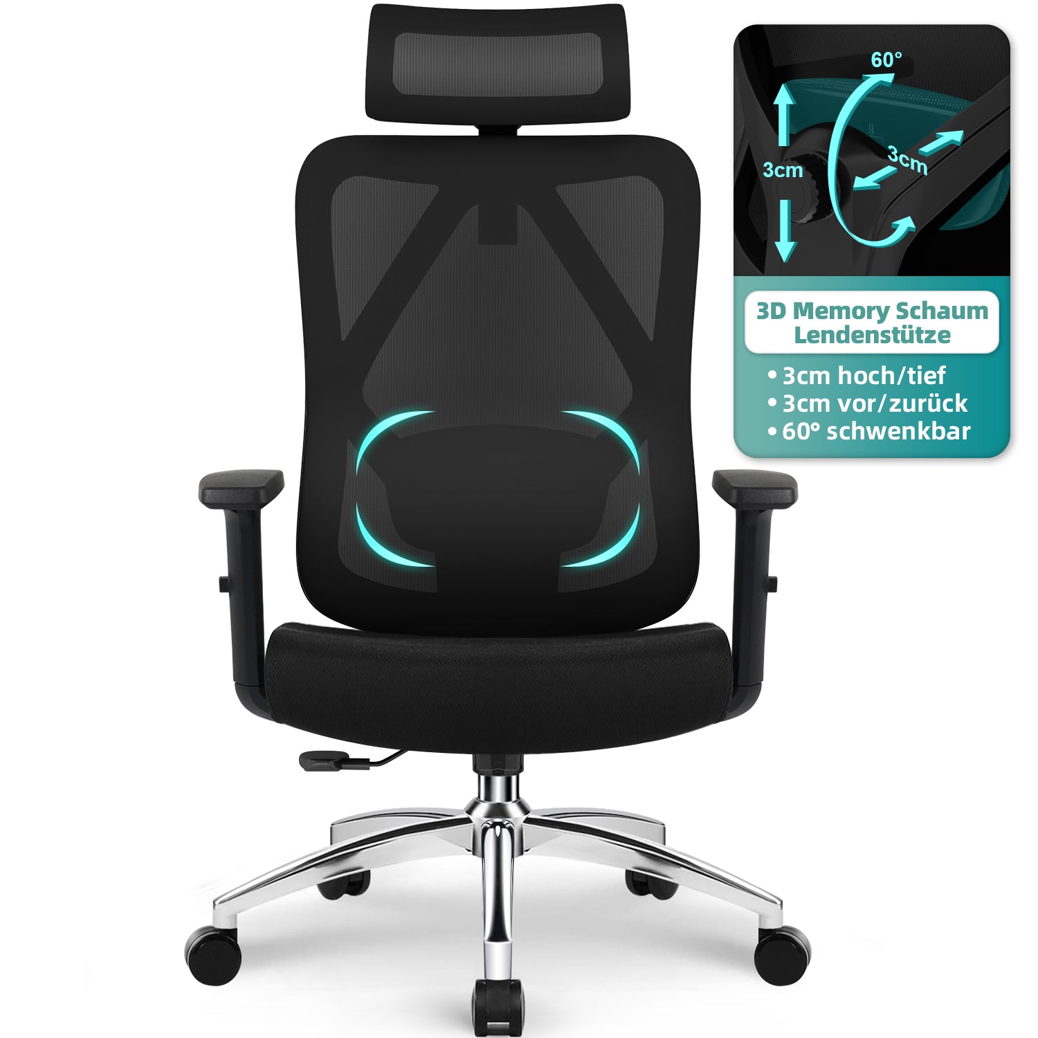 GTIMEX Chaise de bureau ergonomique avec soutien lombaire en mousse à mémoire de forme 3D, fonction bascule jusqu’à 135°, charge maximale 200 kg, maille respirante