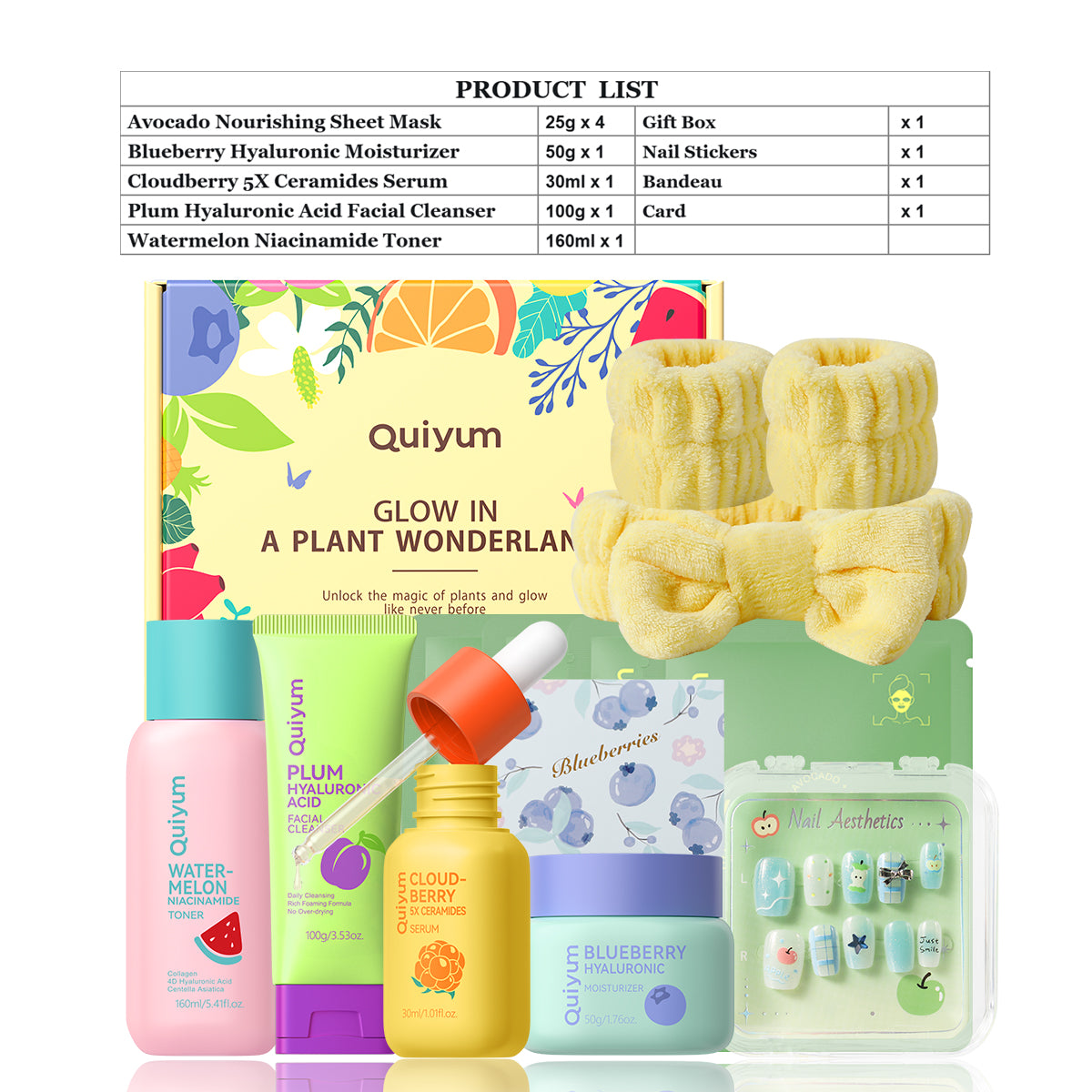 Quiyum Coffret de soins de la peau aux fruits 10 pièces : nettoyant 100 g, lotion tonique 160 ml, sérum 30 ml, crème 50 g, masques aux fruits 25 g × 4, serre-tête avec autocollants pour ongles