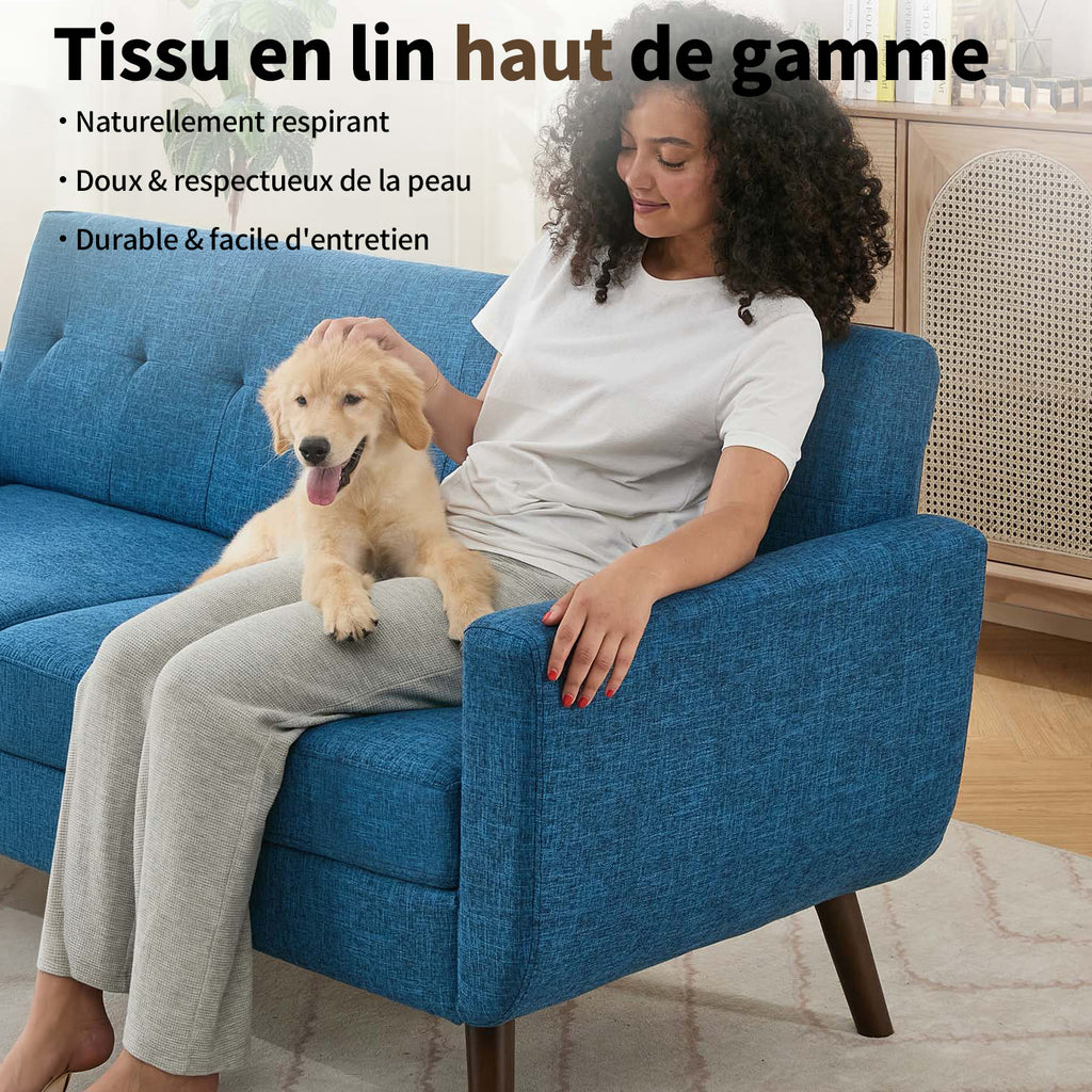 HONEYOU Canapé 165 cm, Canapés de coin pour décoration moderne du milieu du siècle pour salon, petit canapé capitonné à boutons pour chambre, meuble de coin solide et facile à installer, bleu