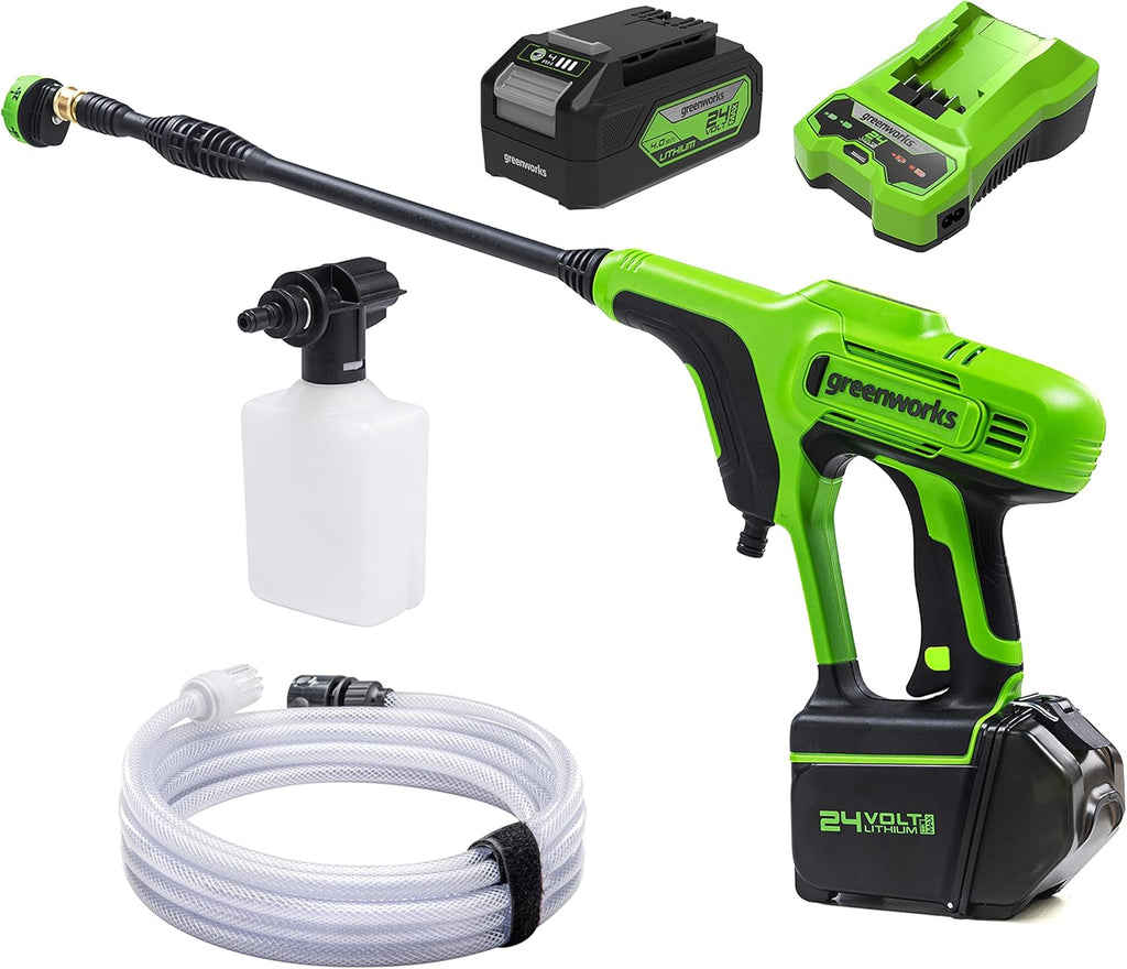 Greenworks 24 V Nettoyeur Haute Pression Sans Fil à Main (Puissance du Moteur Li-Ion 300 W, Pression 24 Bar, Débit 180 l/h, Buse 5 Jets, Tuyau 6 m Sans Batterie et Chargeur), Vert, Gris, Noir G24PWK4