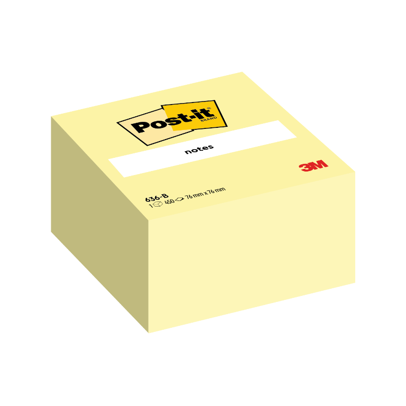 Post-it® Notes en cube 636-B, Jaune canard, 76 mm x 76 mm, 450 feuilles/feuille, 1 feuille/cartouche, 100 % PEFC, SGSCH-PEFC-COC-110078