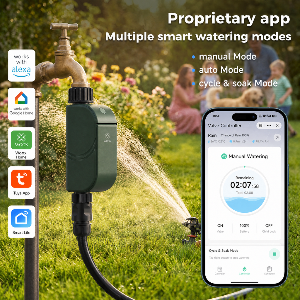 WOOX Minuteur d'arrosage intelligent R2603 Vert WiFi 6 2,4 GHz BLE 5,4 IP65 Contrôleur d'irrigation extérieur pour jardin Valves à solénoïde bistables Piles 4xAA Autonomie de 1,5 an 20 programmes Départ différé Anti-enfant Alexa Google 175x78x43,6 mm