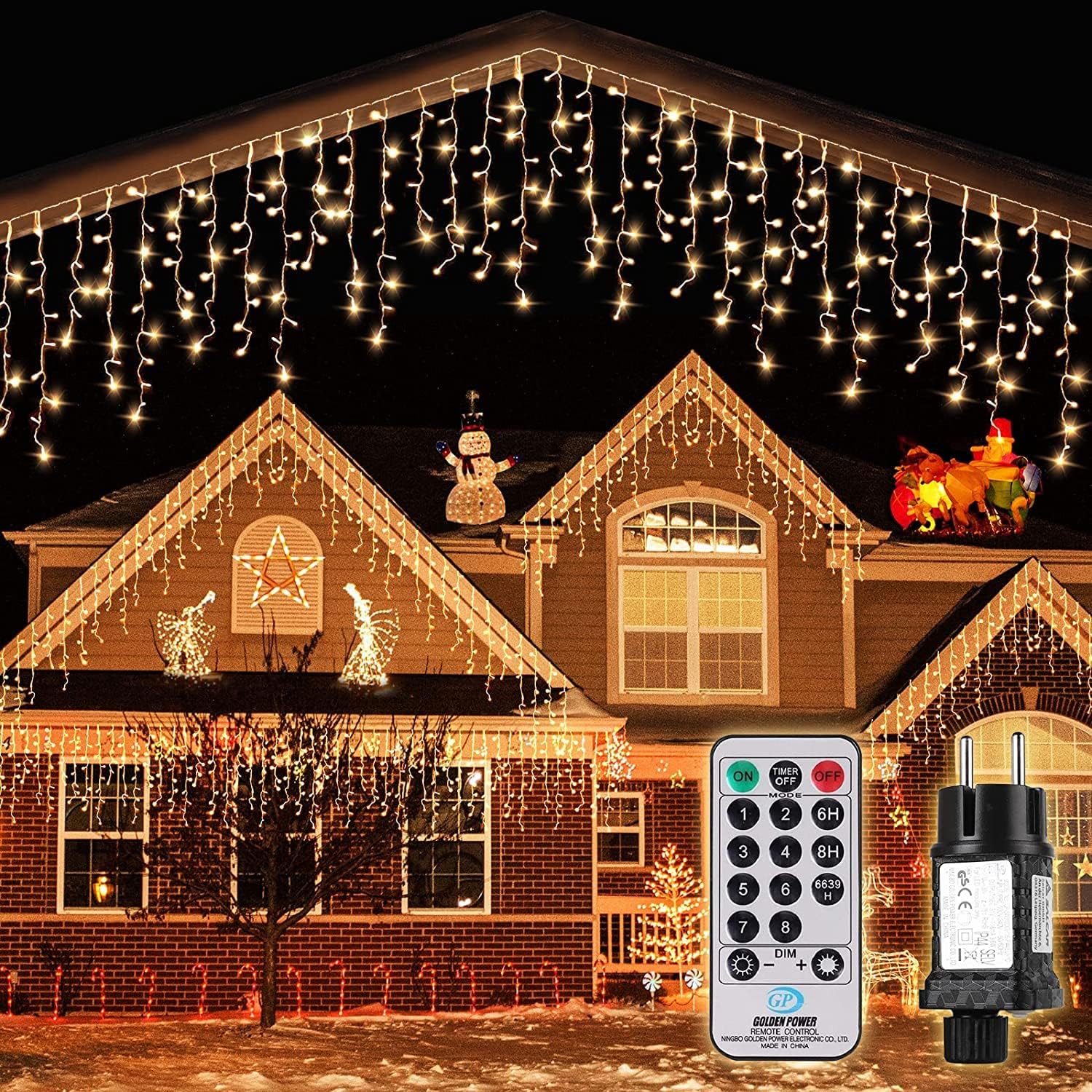 SALCAR Guirlande lumineuse extérieure 5M 200 LED rideau de stalactites avec télécommande, 8 modes, IP44, étanche - Blanc chaud