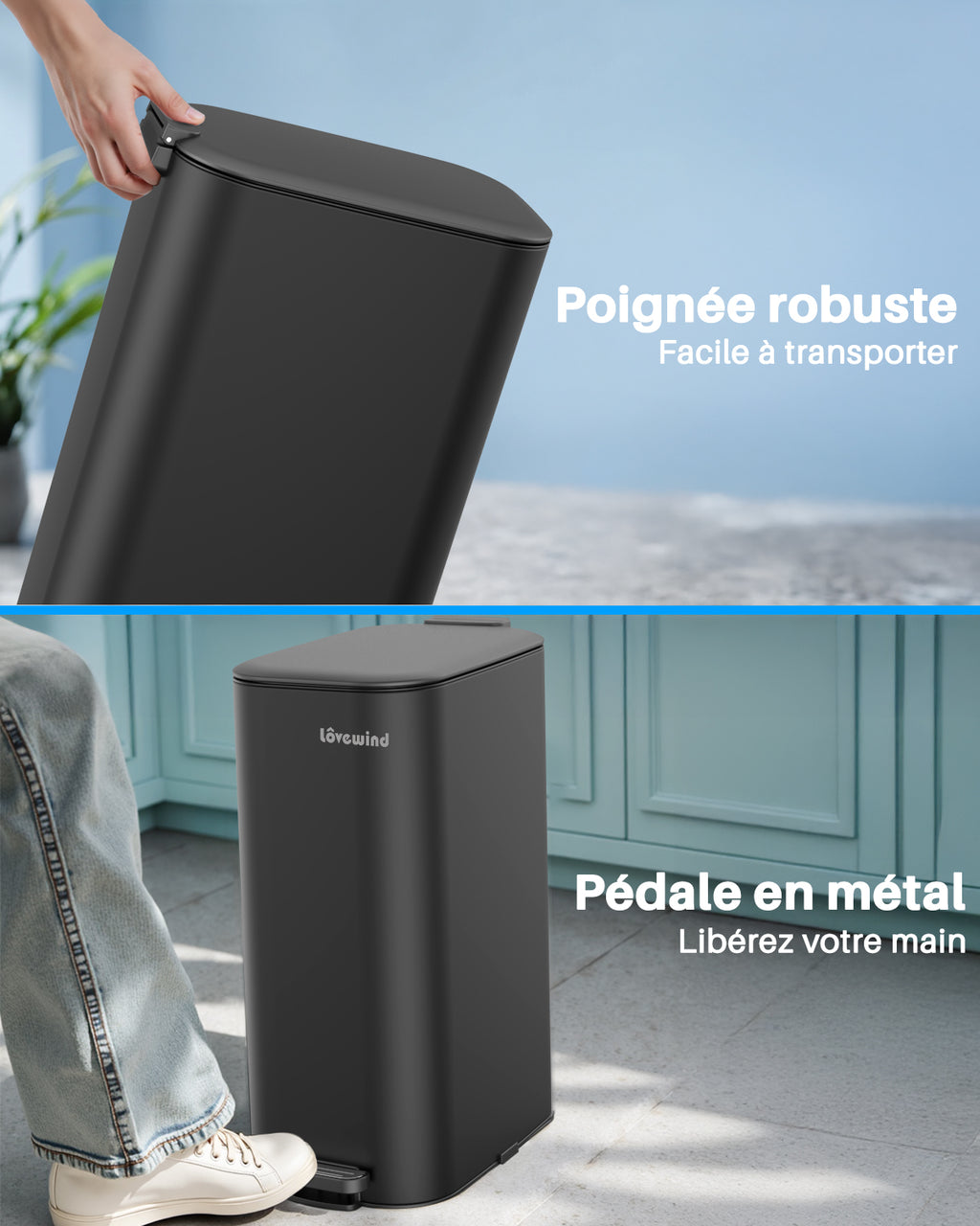 Lovewind Poubelle de cuisine 30 L, Poubelle étroite en acier inoxydable noir pour cuisine, Poubelle à pédale noire avec couvercle à fermeture douce, Seau intérieur amovible