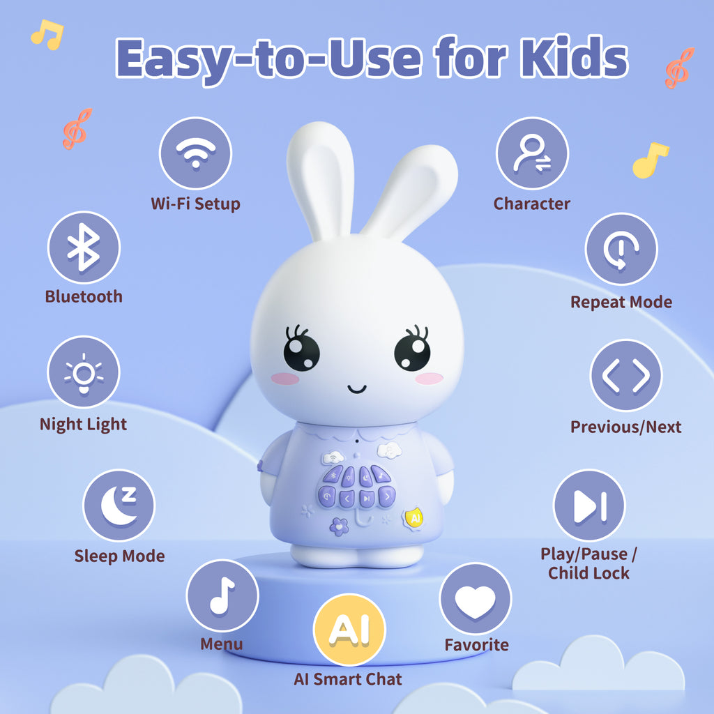 alilo Lapin Intelligent AI pour Enfants, Compagnon Interactif ChatGPT avec Voix en Temps Réel, 4 Agents & 91 Langues, Contient 48 Histoires en Anglais, 50 Contes, 66 Chansons, 28 Berceuses & 34 Morceaux Classiques, Haut-Parleur Bluetooth