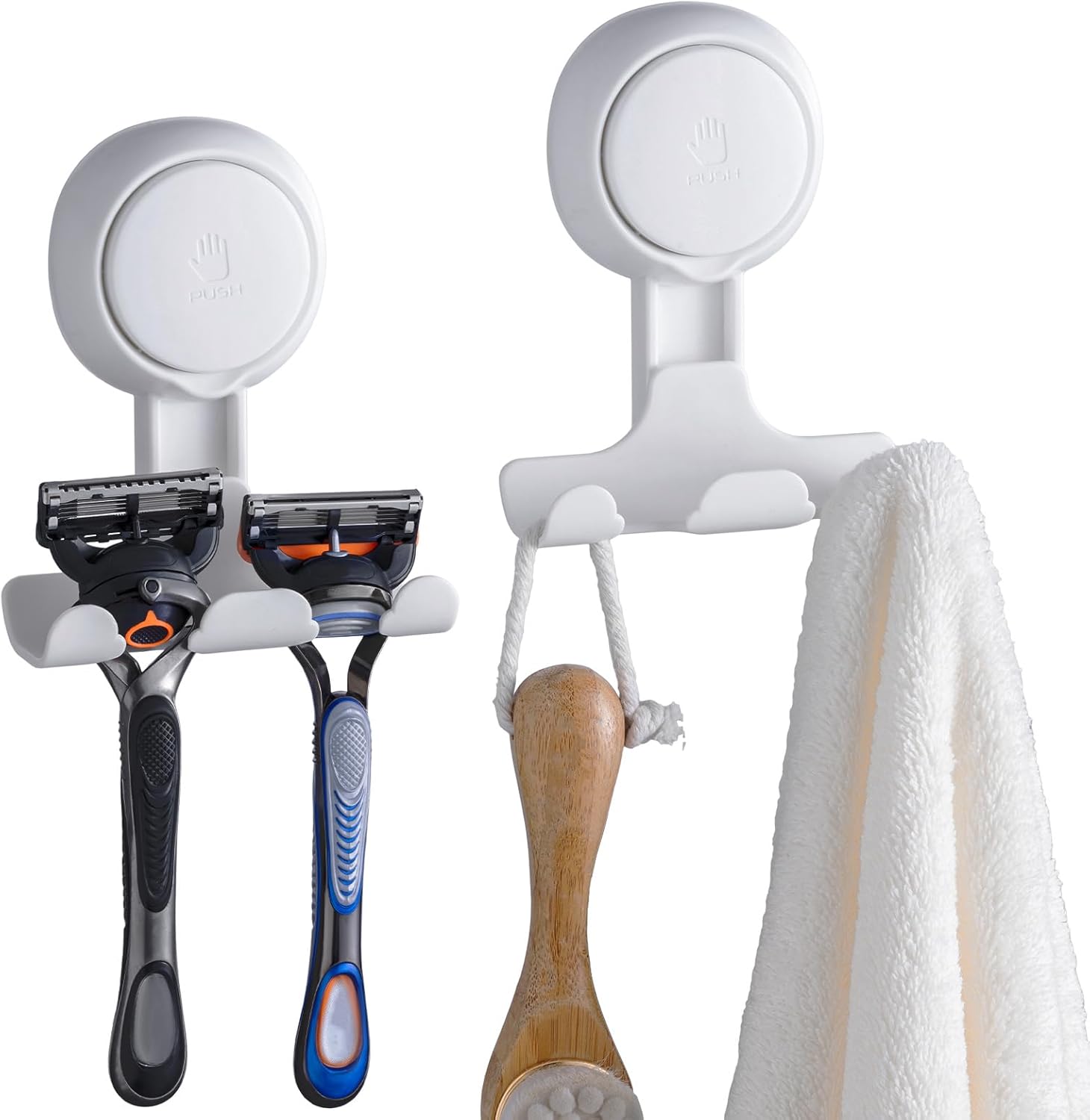 Taili, Lot de 2 supports muraux à ventouse puissante pour douche, rasoir, éponge, serviette - Blanc