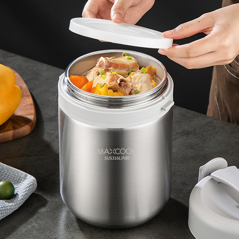 Maxcook Pot alimentaire isotherme en acier inoxydable 316 avec sac repas pour aliments chauds Boîte repas isotherme sous vide en acier inoxydable Thermos à soupe étanche Pot alimentaire isotherme à large ouverture 1,5 L MCTG0863