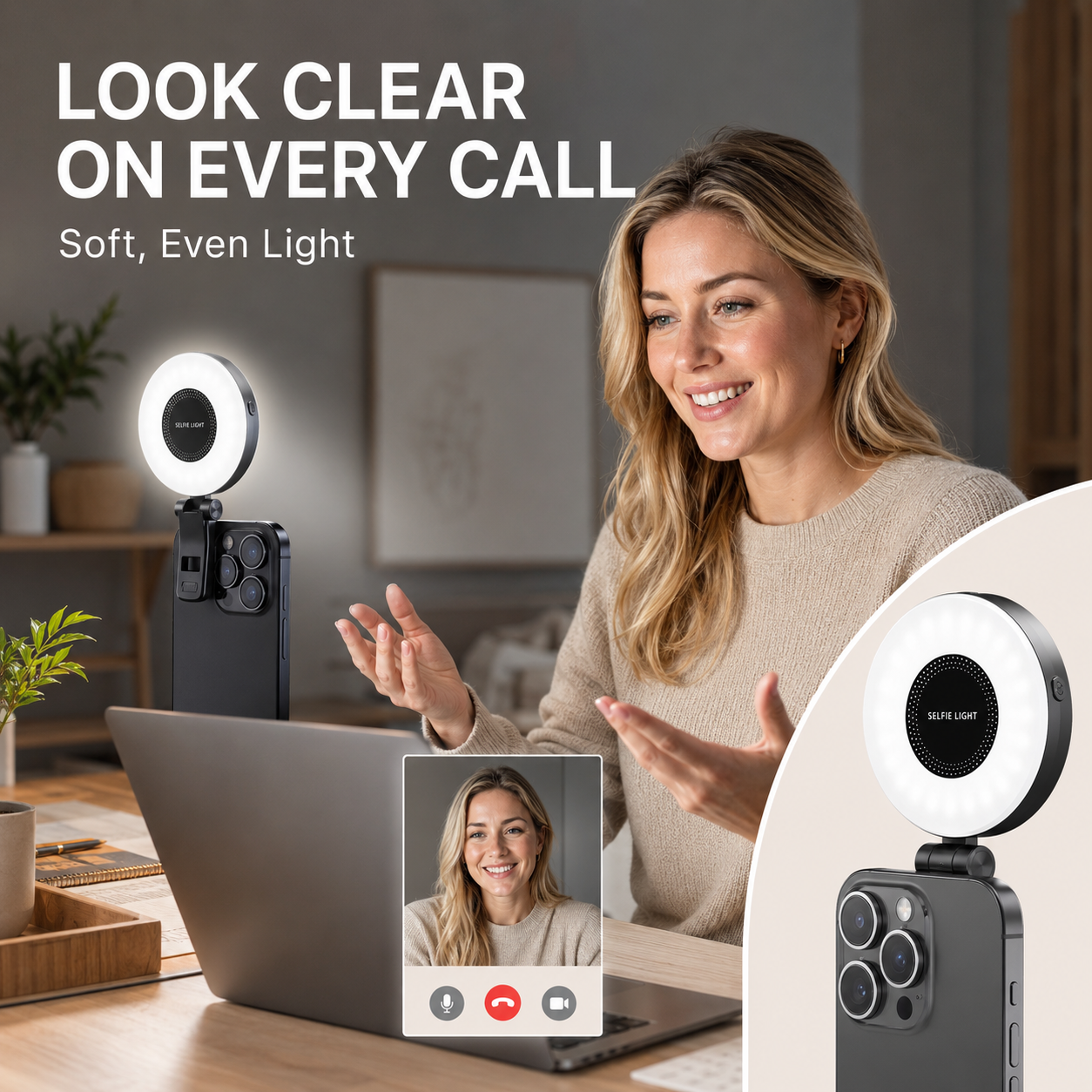 VoxorAI M28 Noir Éclairage d’appoint pour égoportraits, miroir avec fixation magnétique. Qualité IRC 95+, bande lumineuse LED 360° et miroir en un. Compatible avec iPhone/Android