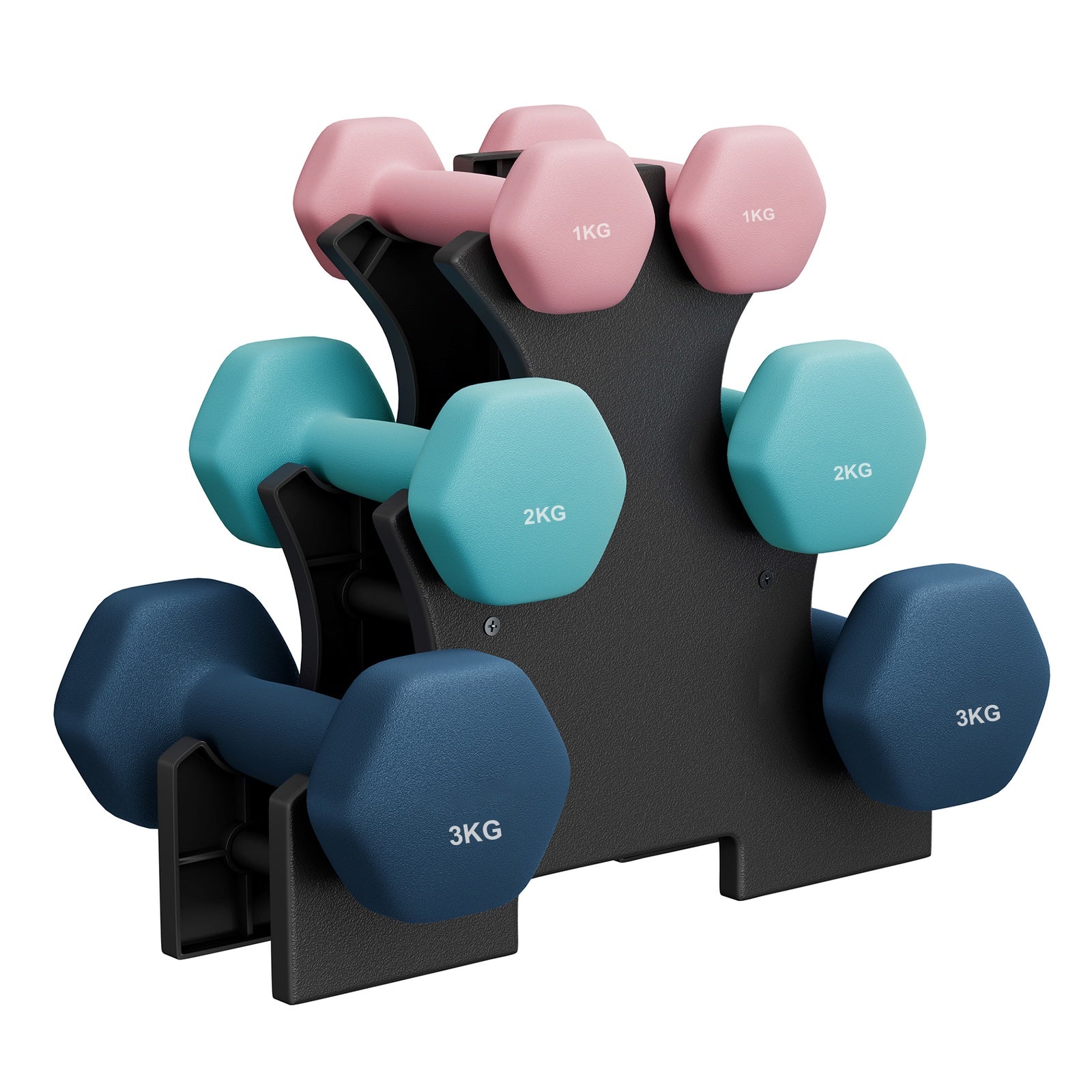 JOYFURNOSEnsemble d’haltères hexagonaux avec support – 3 paires : 1 kg, 2 kg, 3 kg, Revêtement néoprène mat – Haltères pour exercice à domicile