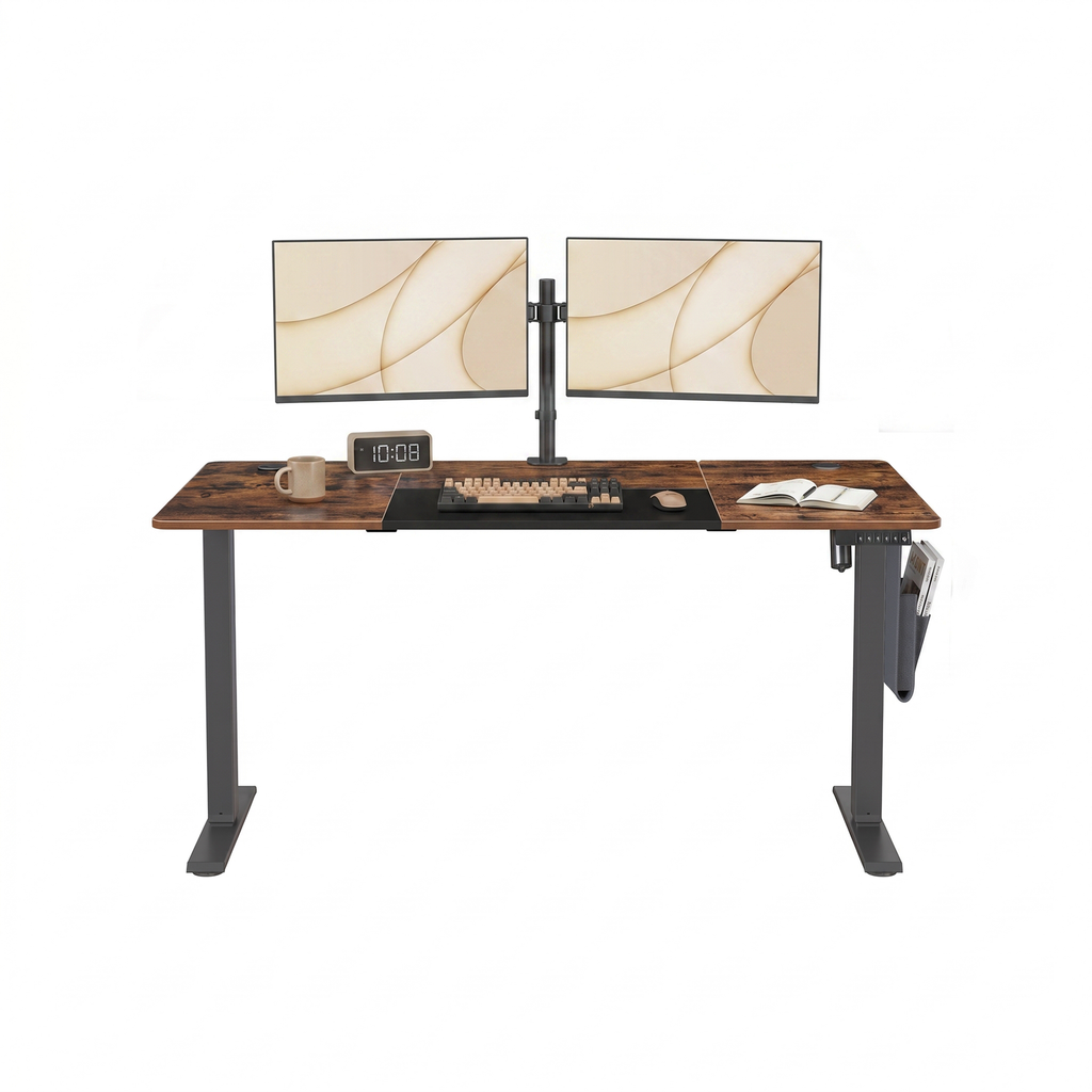 JOYFURNOS Bureau électrique avec 4 préréglages mémoire, 140 x 60 cm, réglage de hauteur continu, port USB-C, marron vintage et noir encre