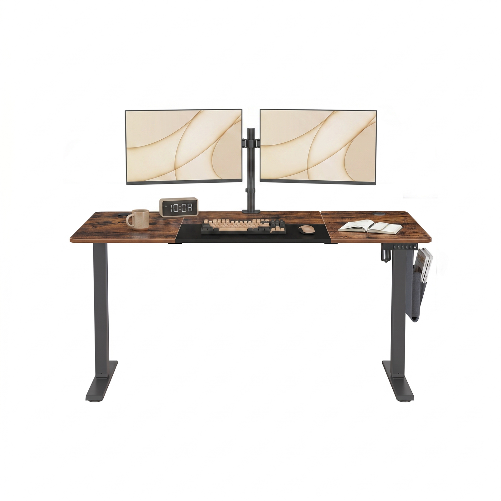 JOYFURNOS Bureau électrique avec 4 préréglages mémoire, 140 x 60 cm, réglage de hauteur continu, port USB-C, marron vintage et noir encre