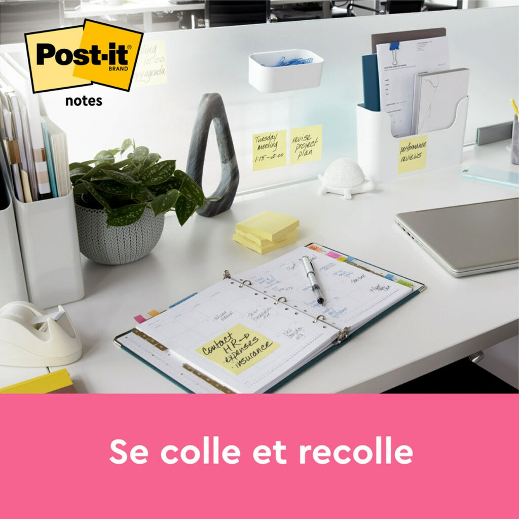 Post-it Notes repositionnables, jaune canard, 38 mm x 51 mm, 100 feuilles/feuille, 3 blocs/lot, 100 % PEFC SGSCH-PEFC-COC-110078