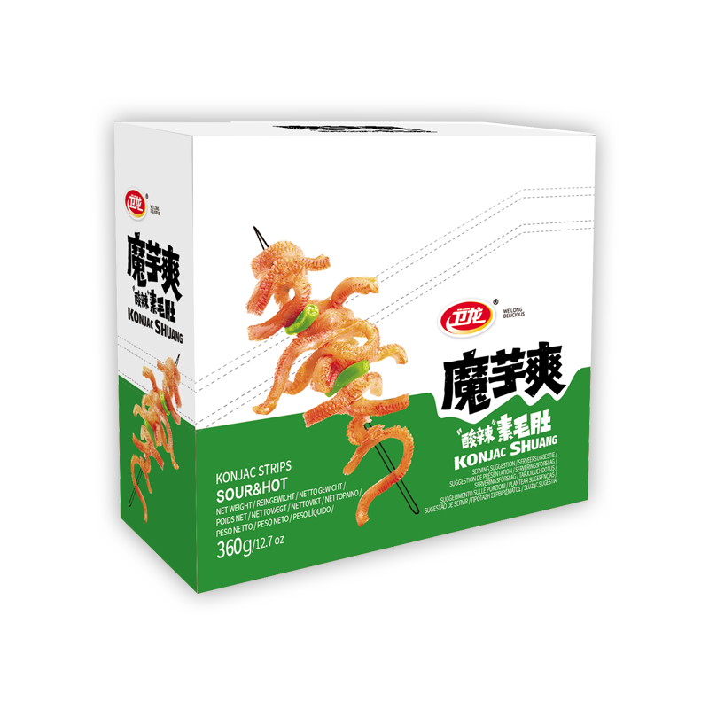 Wei Long Konjac croquant, tripes végétales, saveur aigre-piquante, boîte de 360 g (environ 20 petits sachets)