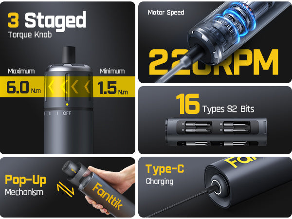 Fanttik S1 Pro Tournevis électrique, 16 embouts en acier S2, 3 réglages de couple, Max. 6 N·m, Batterie 2000 mAh, Éclairage LED et porte-embout hexagonal 1/4 po, pour meubles et PC de jeu