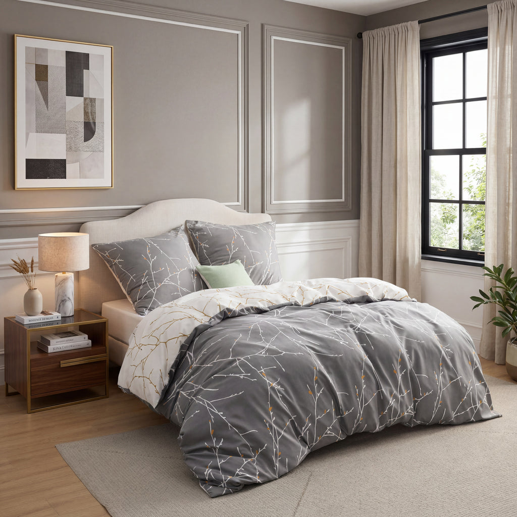 Ensemble avec housse de couette en microfibre et taie d’oreiller de 80 x 80 cm - Design chic et élégant, Microfibre, gris/beige, 200x200cm, 90% Polyester