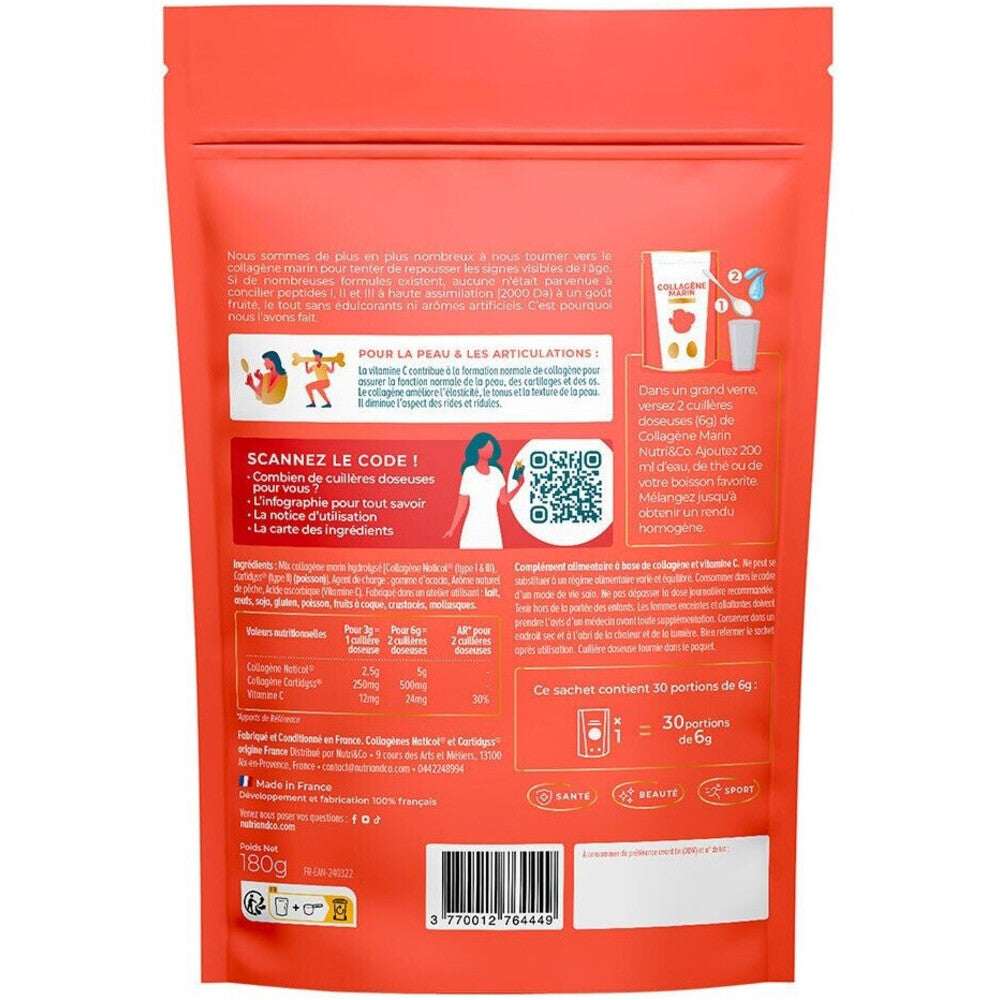 Nutri&Co Collagène marin type 1, 2 et 3 - goût pêche - 180 g