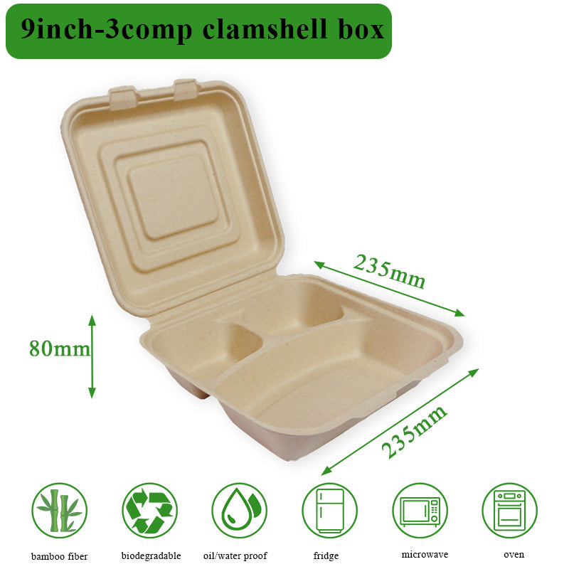 Rui bamboo Boîte coquille jetable en fibre de bambou 9 pouces 3 compartiments Lot de 50