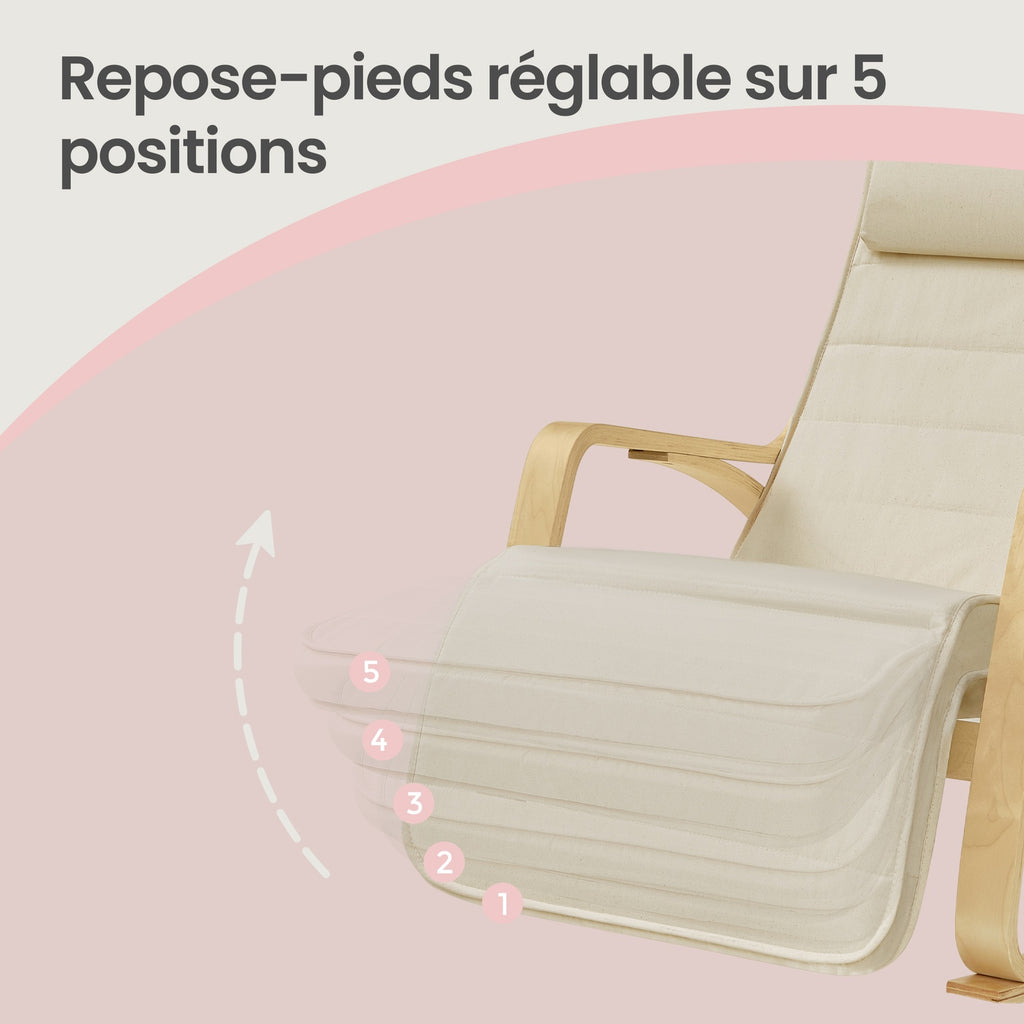 JOYFURNOS Fauteuil à bascule Beige En bois de bouleau Avec repose-pieds réglable Et housse amovible 121,5*65*84 cm Fauteuil de détente Pour salon ou chambre