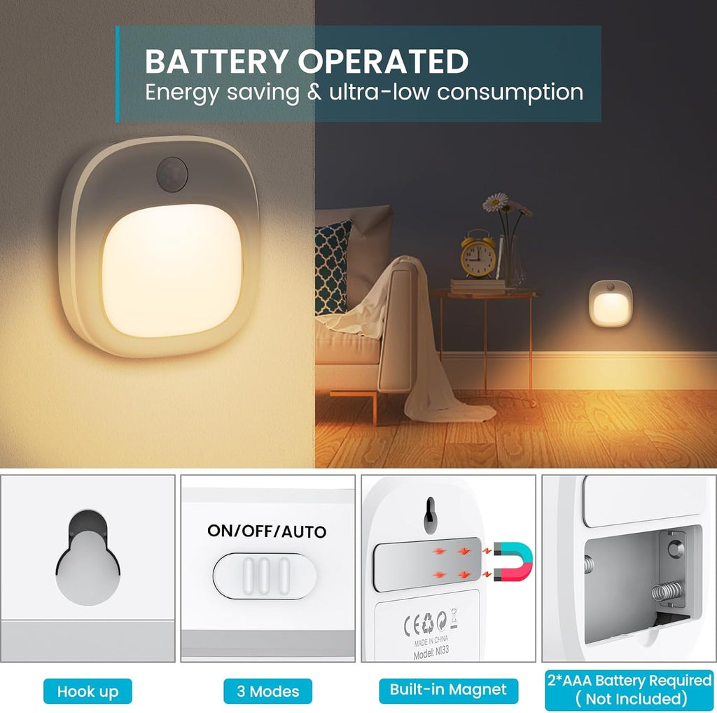 Lot de 2 veilleuses à piles avec capteur de mouvement, 5 niveaux de luminosité, 3 températures de couleur, LED SMD, 1 W, 100 à 240 V, ABS + métal, pour chambre, couloir et toilettes