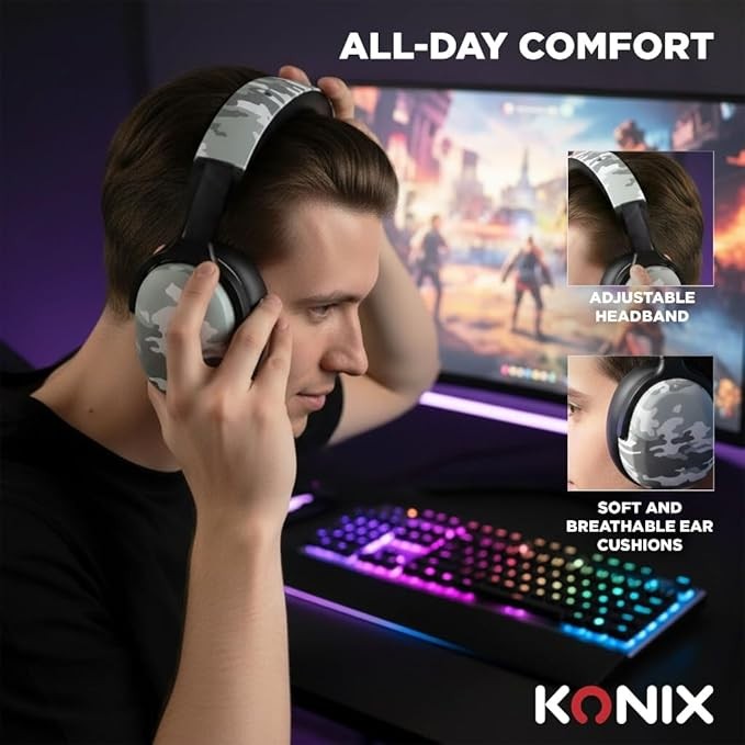 Konix Casque gaming circum-aural filaire Nexus PS5, Switch 2 et Xbox Series X|S - Haut-parleurs 40 mm - Microphone - Câble 1,5 m - Motif camouflage