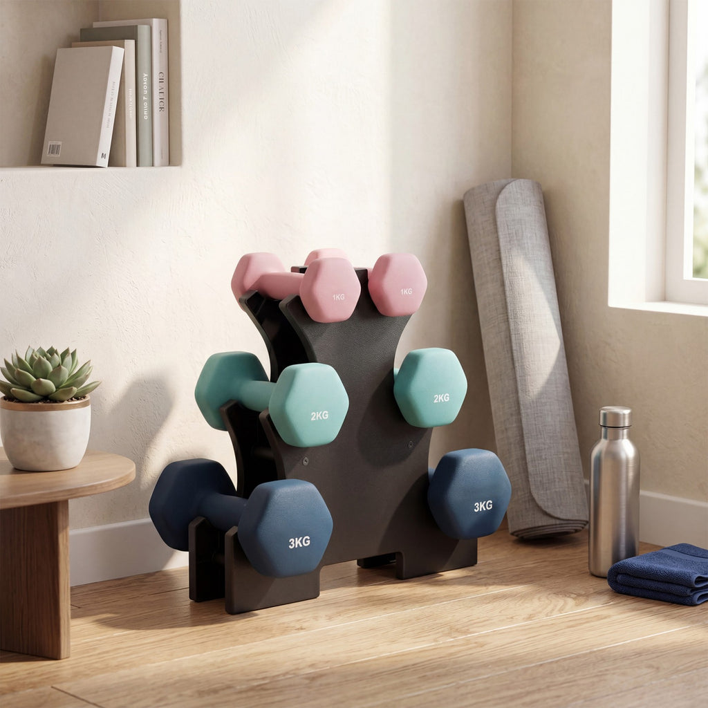 JOYFURNOSEnsemble d’haltères hexagonaux avec support – 3 paires : 1 kg, 2 kg, 3 kg, Revêtement néoprène mat – Haltères pour exercice à domicile