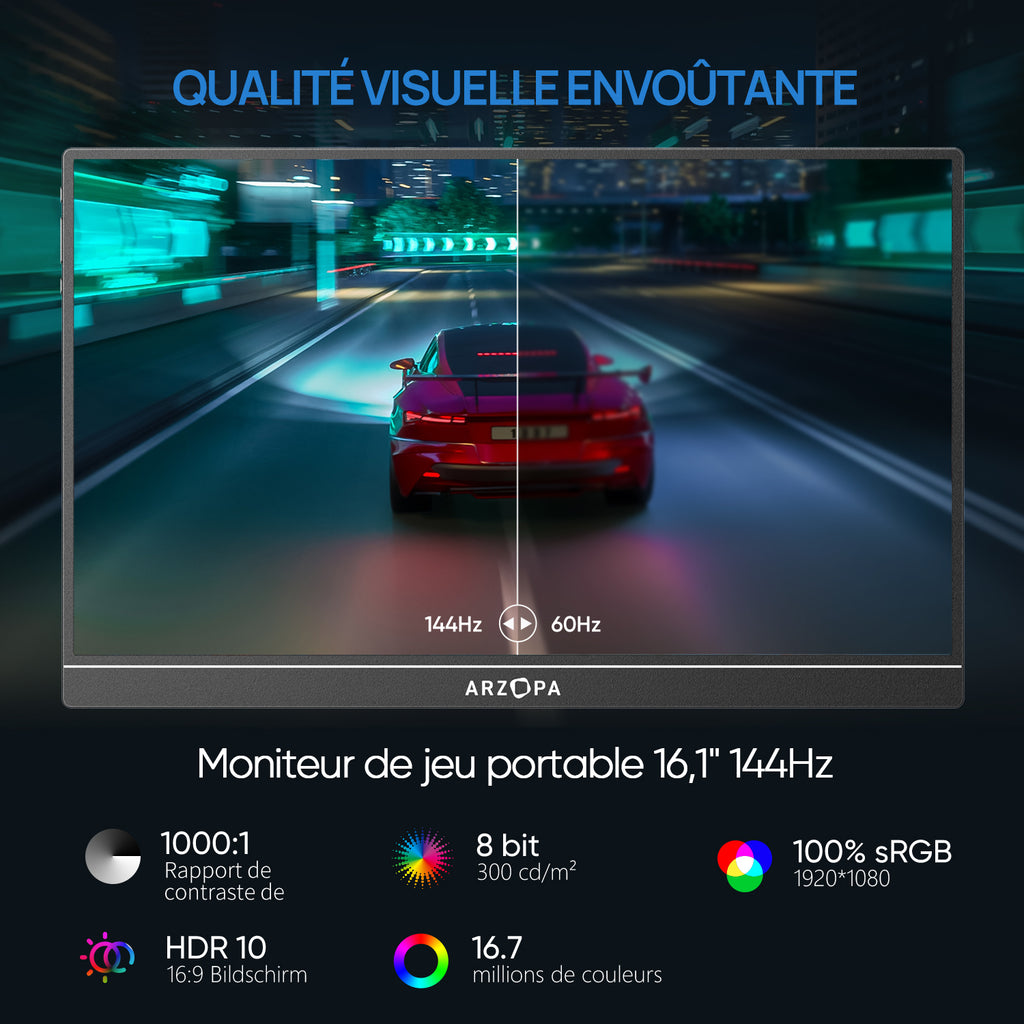ARZOPA Z1FC Moniteur de jeu portable 16,1 po 144 Hz FHD 106 % sRGB 1080p HDR ultra-mince avec protection des yeux écran secondaire externe