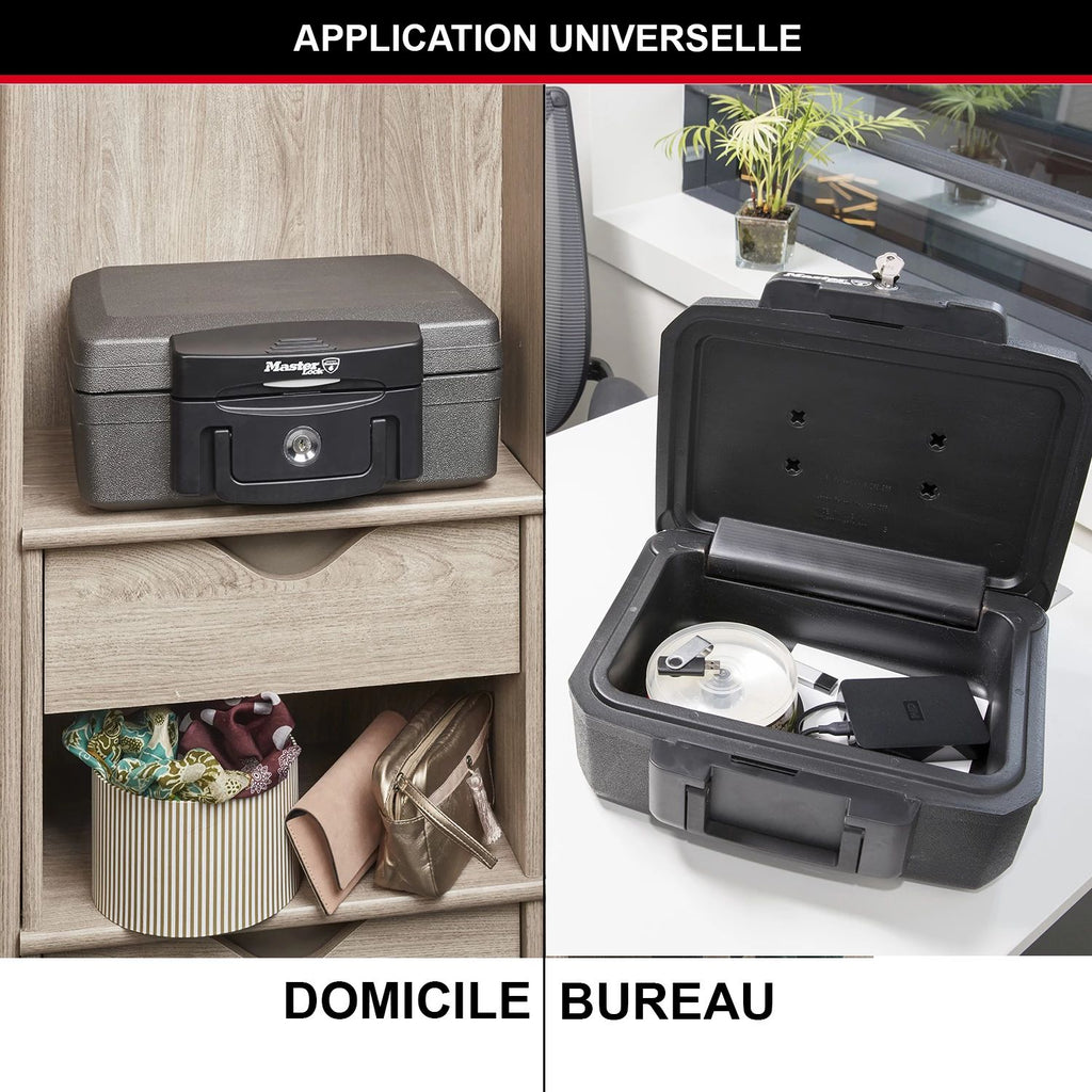 Master Lock Boîte de sécurité certifiée résistante au feu et à l’eau, avec clé, 4,9 L, 362 x 156 x 330 mm, portable avec poignée de transport, pour la maison et les professionnels