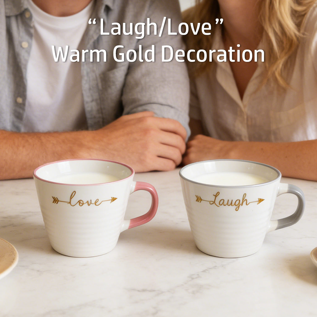 Lot de 2 tasses à café en céramique Amour et Rire, citation inspirante, 410 ml, blanc avec inscription dorée, coffret cadeau