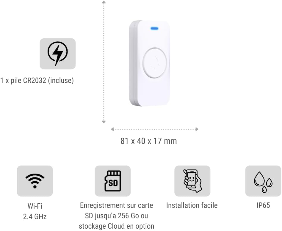 Konyks DRINGG, Sonnette connectée WiFi + RF (Bouton IP65 + Carillon intérieur), Notifications sur Smartphone, Longue portée, IP65, Blanc