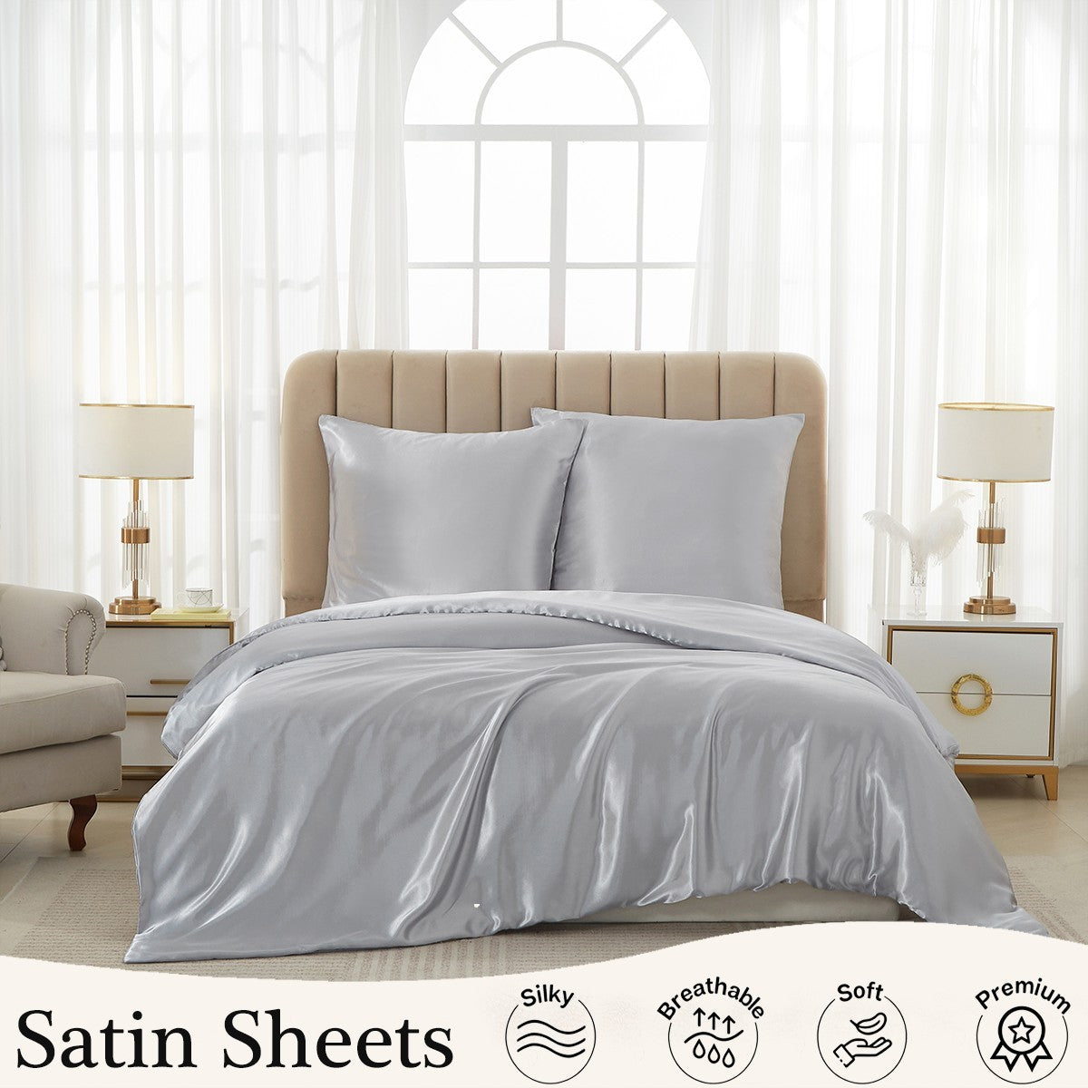 MEEALLHOME Parure de lit satinée gris - 1 housse 260 x 240 cm et 2 taies 65 x 65 cm