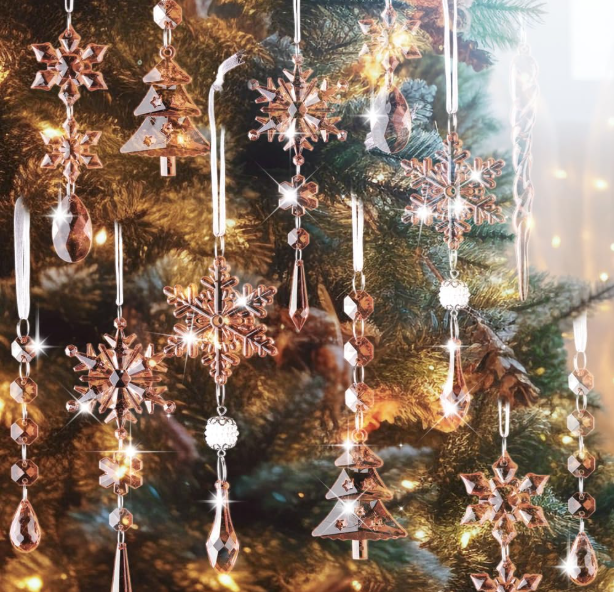Ju7cer Lot de 26 décorations de sapin de Noël en cristal, pendentif colonnaire en acrylique à motif flocon de neige, décoration de sapin de Noël d'hiver pour intérieur et extérieur, fêtes, rose poudré