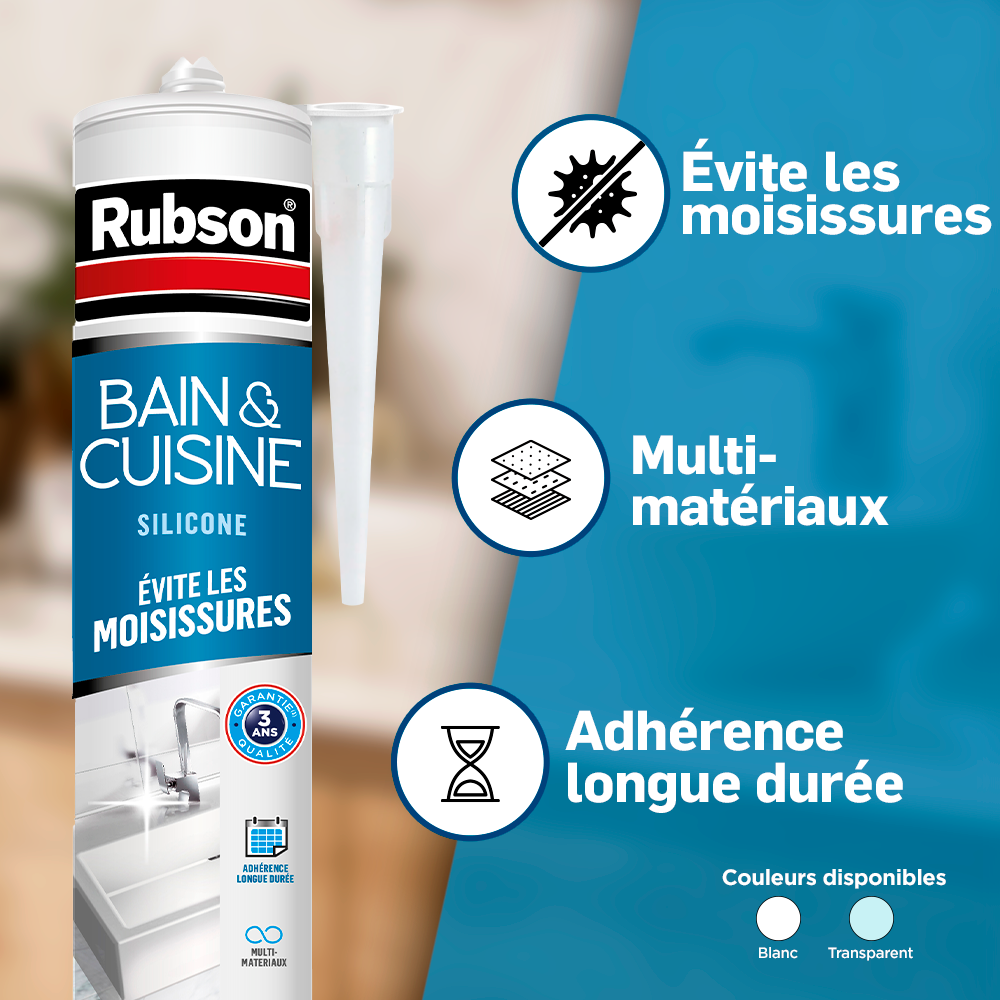 Henkel Rubson | Mastic Bain & Cuisine Noir Intense (cartouche de 280 ml) – Joint silicone multi-matériaux renforcé en antifongiques – Mastic sanitaire coloré, souple & étanche