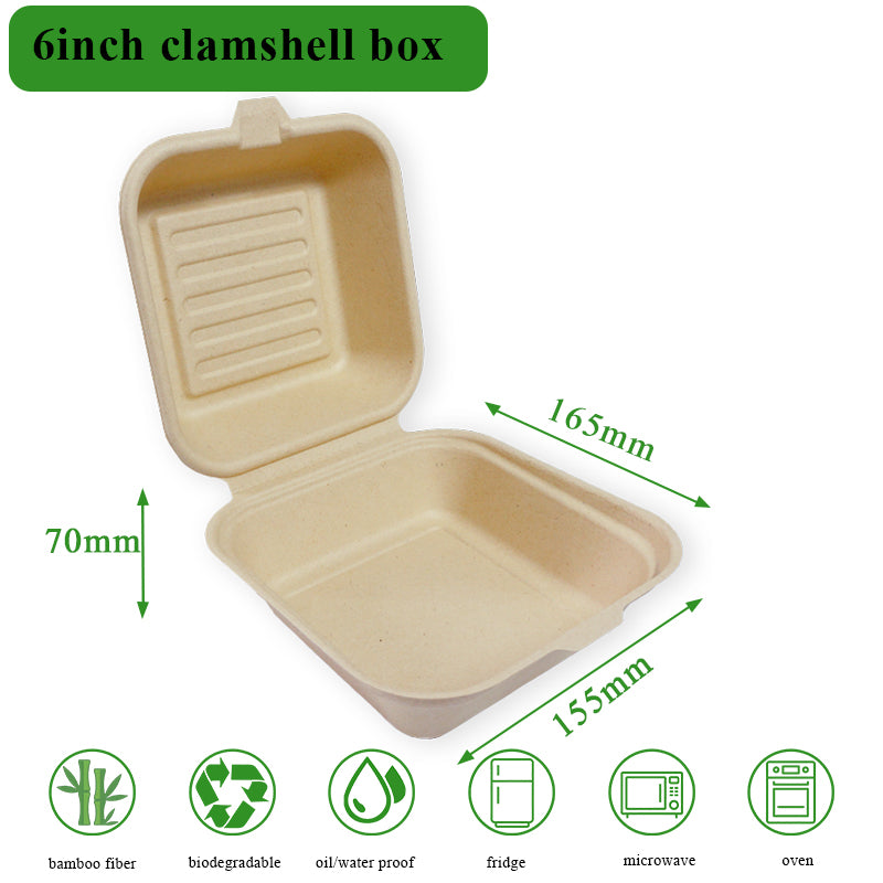 Rui bamboo Boîtes à clapet jetables en fibre de bambou 6 pouces Lot de 50