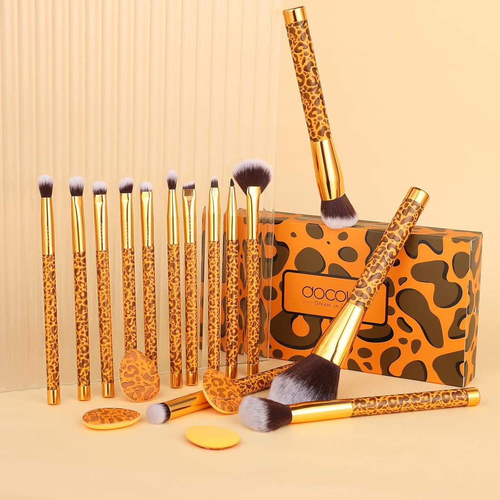 Docolor Coffret Cadeau 14 Pièces Pinceaux de Maquillage Imprimé Léopard Doré