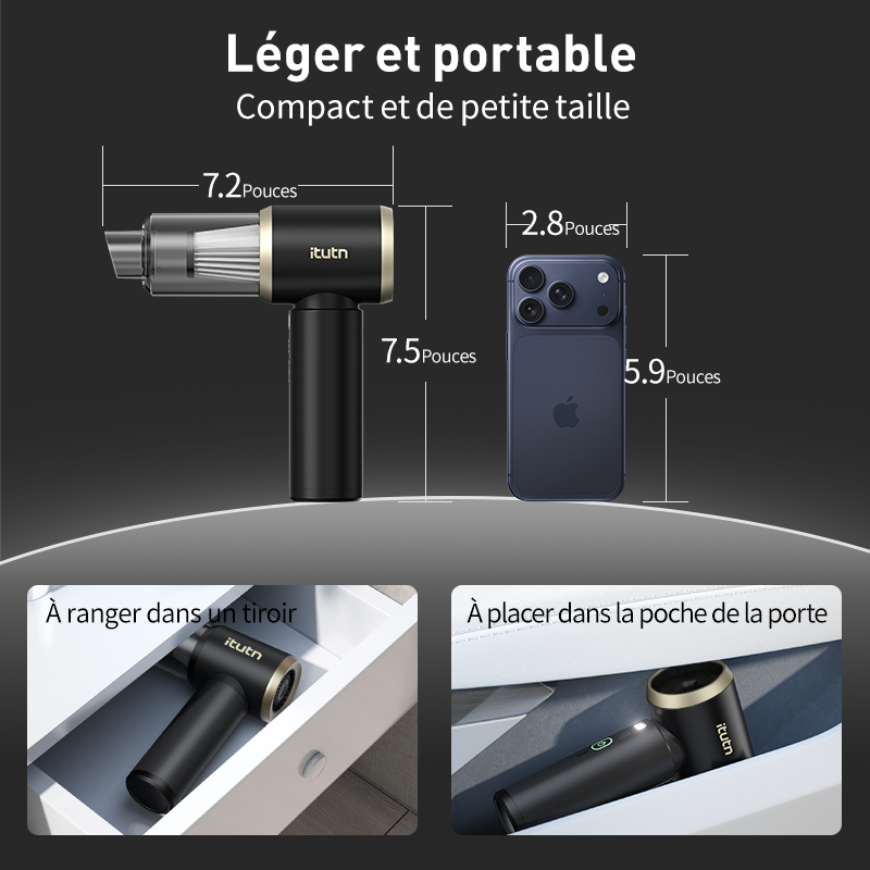 Aspirateur voiture sans fil portable Y8-Max avec éclairage LED | Puissance d'aspiration 18 000 PA | Mini aspirateur 5-en-1 & souffleur à air comprimé | Aspirateur à main pour maison