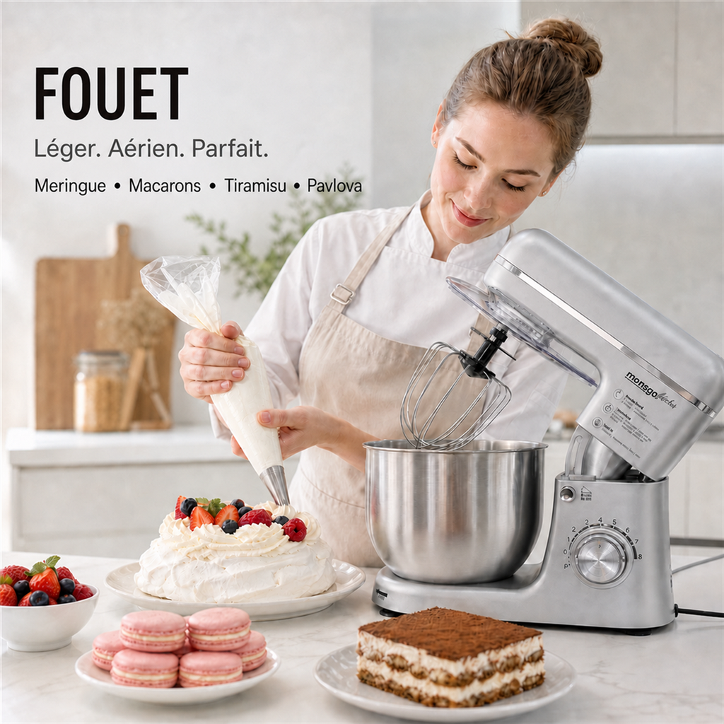 monsga SM100 Robot pâtissier, 1000 W, Noir/Argent, Bol mélangeur en acier inoxydable 6,0 L, Silencieux, Fouet, Crochet pétrisseur, Batteur et Couvercle anti-éclaboussures, 8 vitesses