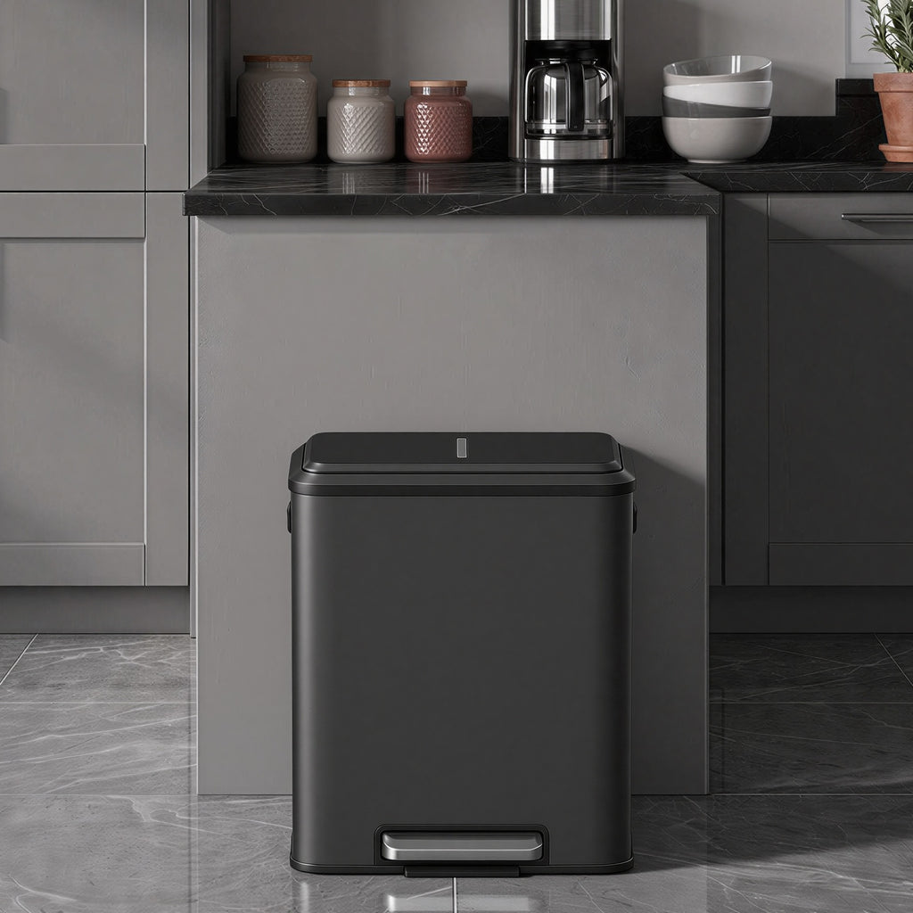 JOYFURNOS Poubelle de cuisine à 2 compartiments avec couvercle à fermeture douce, poubelle de recyclage en acier avec seaux intérieurs et pédale large, noir