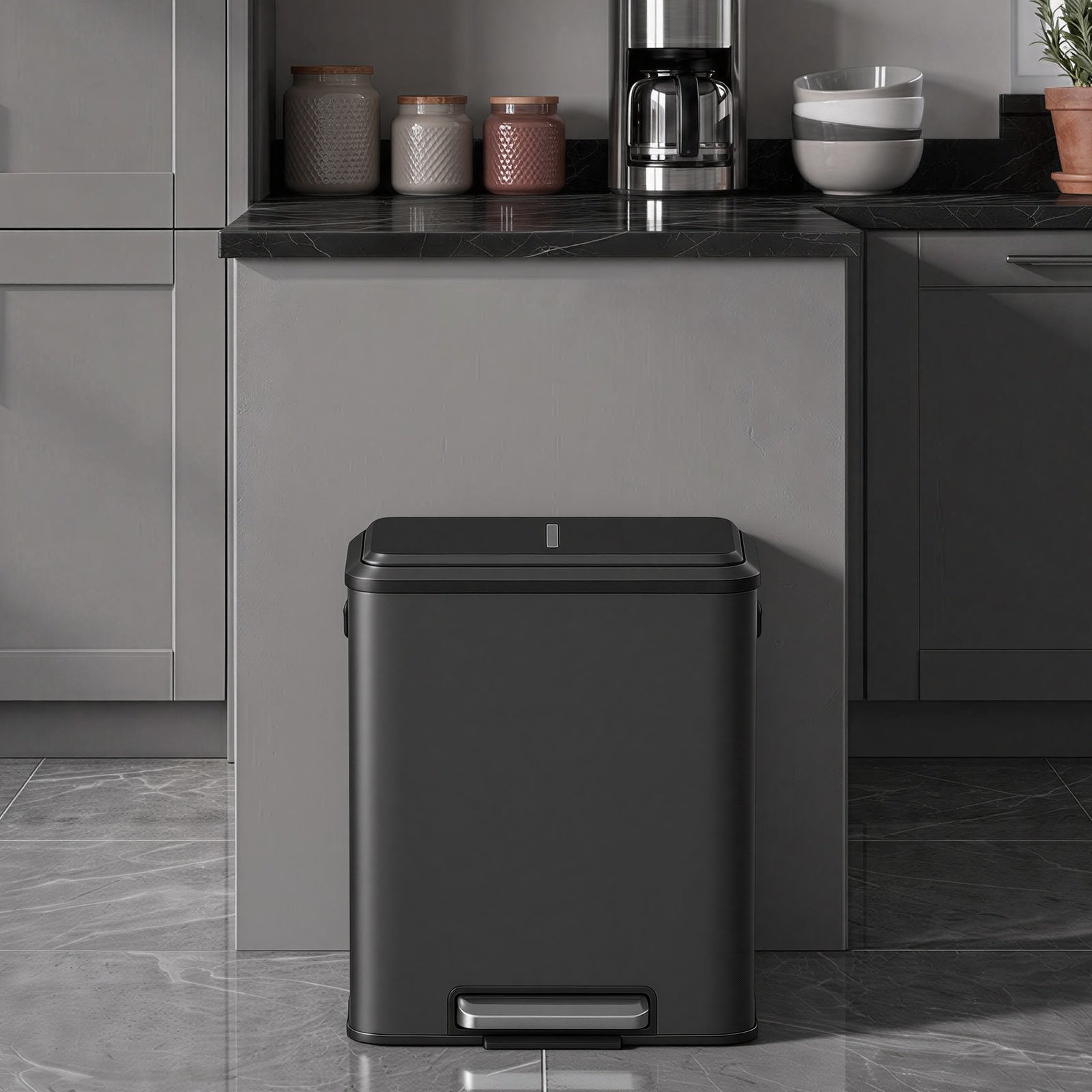 JOYFURNOS Poubelle de cuisine à 2 compartiments avec couvercle à fermeture douce, poubelle de recyclage en acier avec seaux intérieurs et pédale large, noir