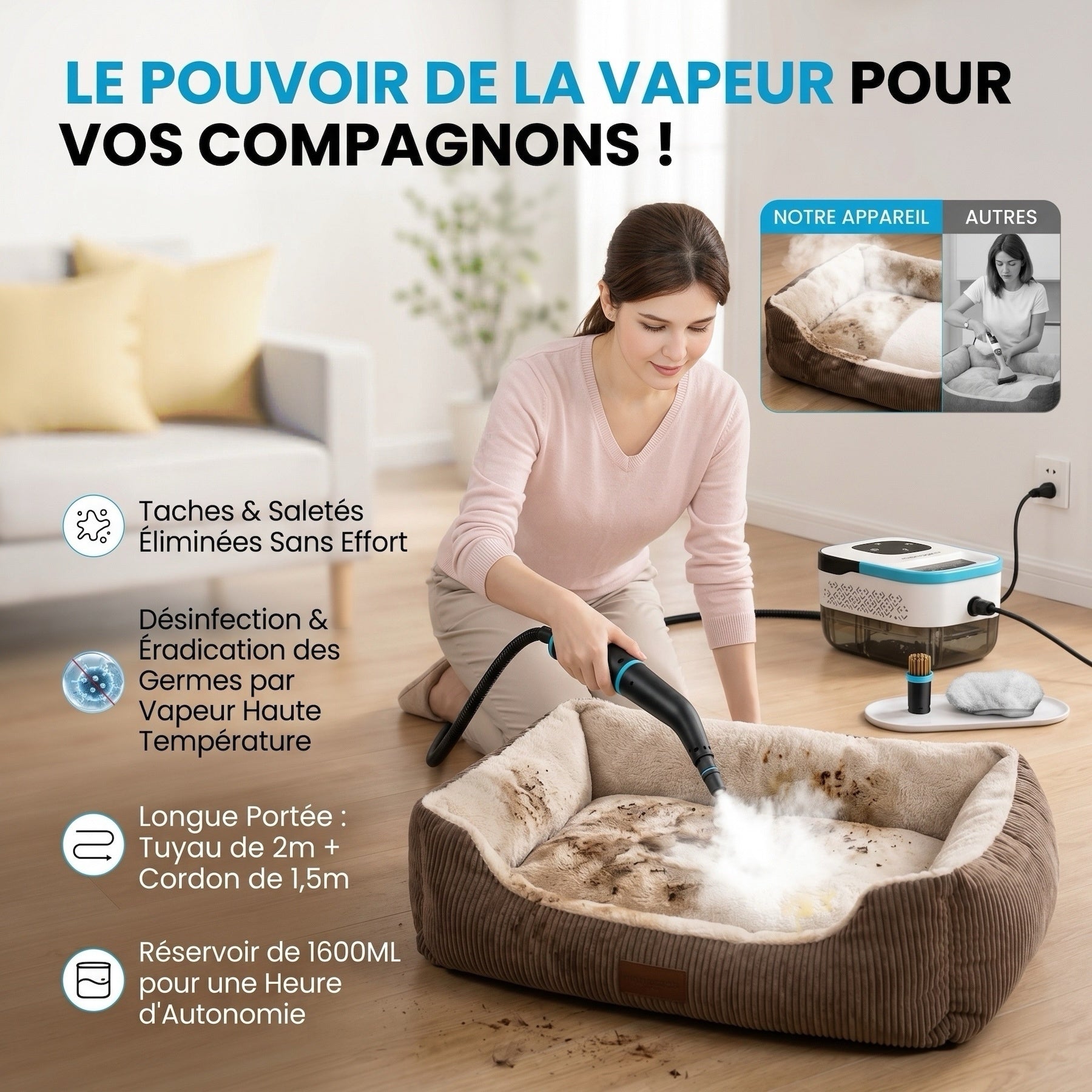 monsga Nettoyeur vapeur 1500 W à chauffe rapide, Prêt en 15 s & Pression de 3,5 bar, Grand réservoir de 1,6 L pour nettoyage de 120 m², Nettoyeur vapeur polyvalent robuste avec kit d’accessoires, Blanc