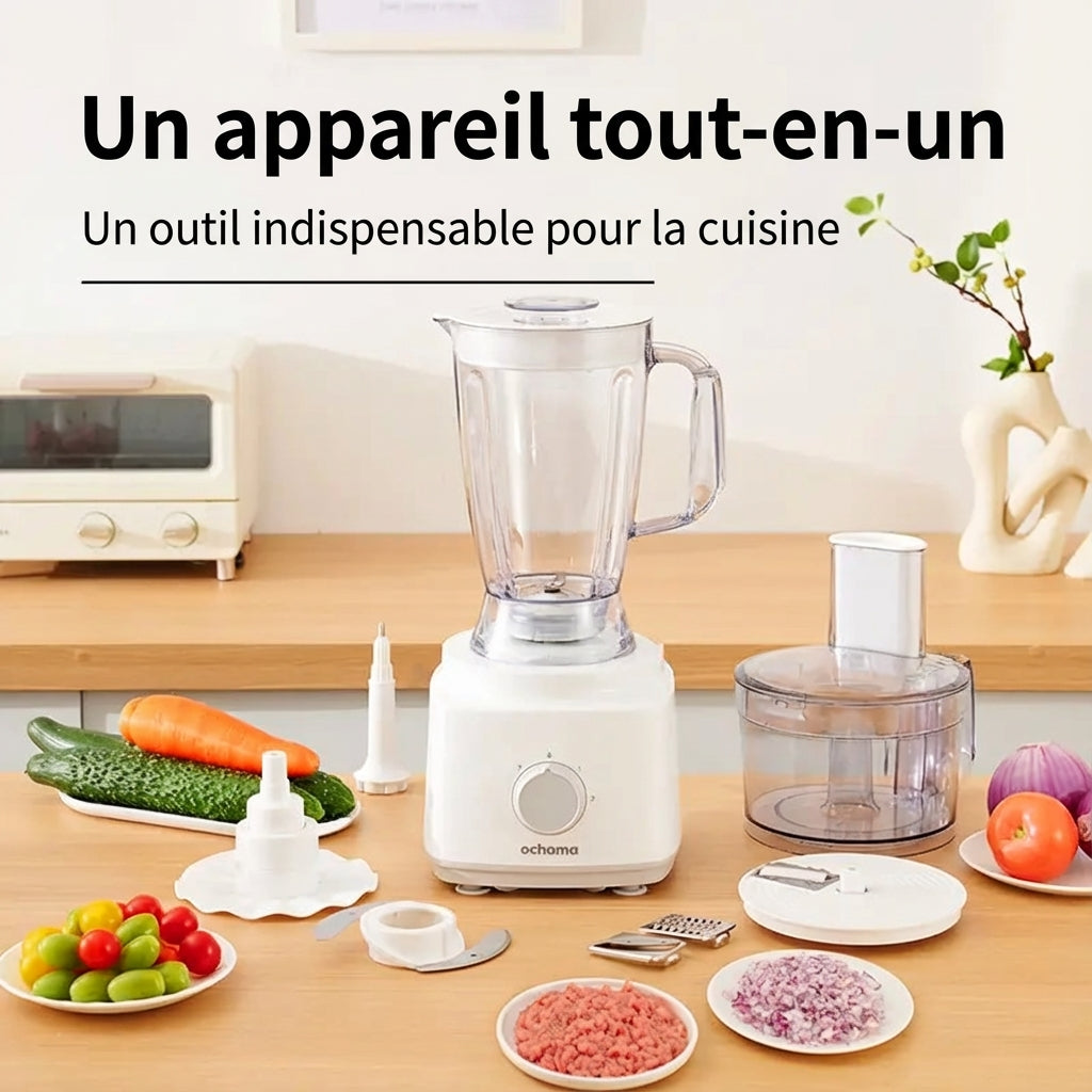 ochama Robot Multifonction 750W, 1,8L Grande Capacité, Blender, Hachoir à Viande, Coupe-Légumes, Disques à Trancher et Râper, Pièces Amovibles, Facile à Nettoyer
