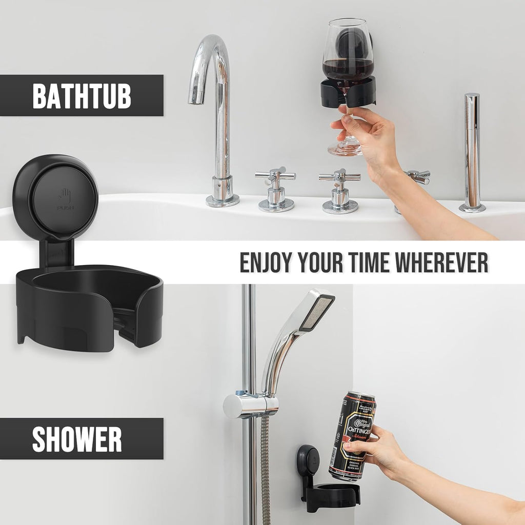 Taili Support de verre à vin à ventouse pour douche, Porte-gobelet de bain mural amovible pour bière, vin, boissons, Pour en profiter au spa, salle de bain, cuisine, etc., Noir