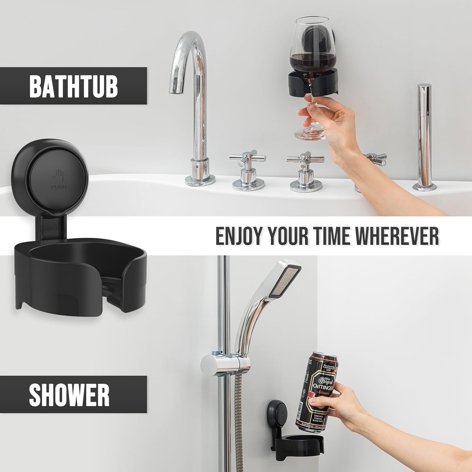 Taili Support de verre à vin à ventouse pour douche, Porte-gobelet de bain mural amovible pour bière, vin, boissons, Pour en profiter au spa, salle de bain, cuisine, etc., Noir