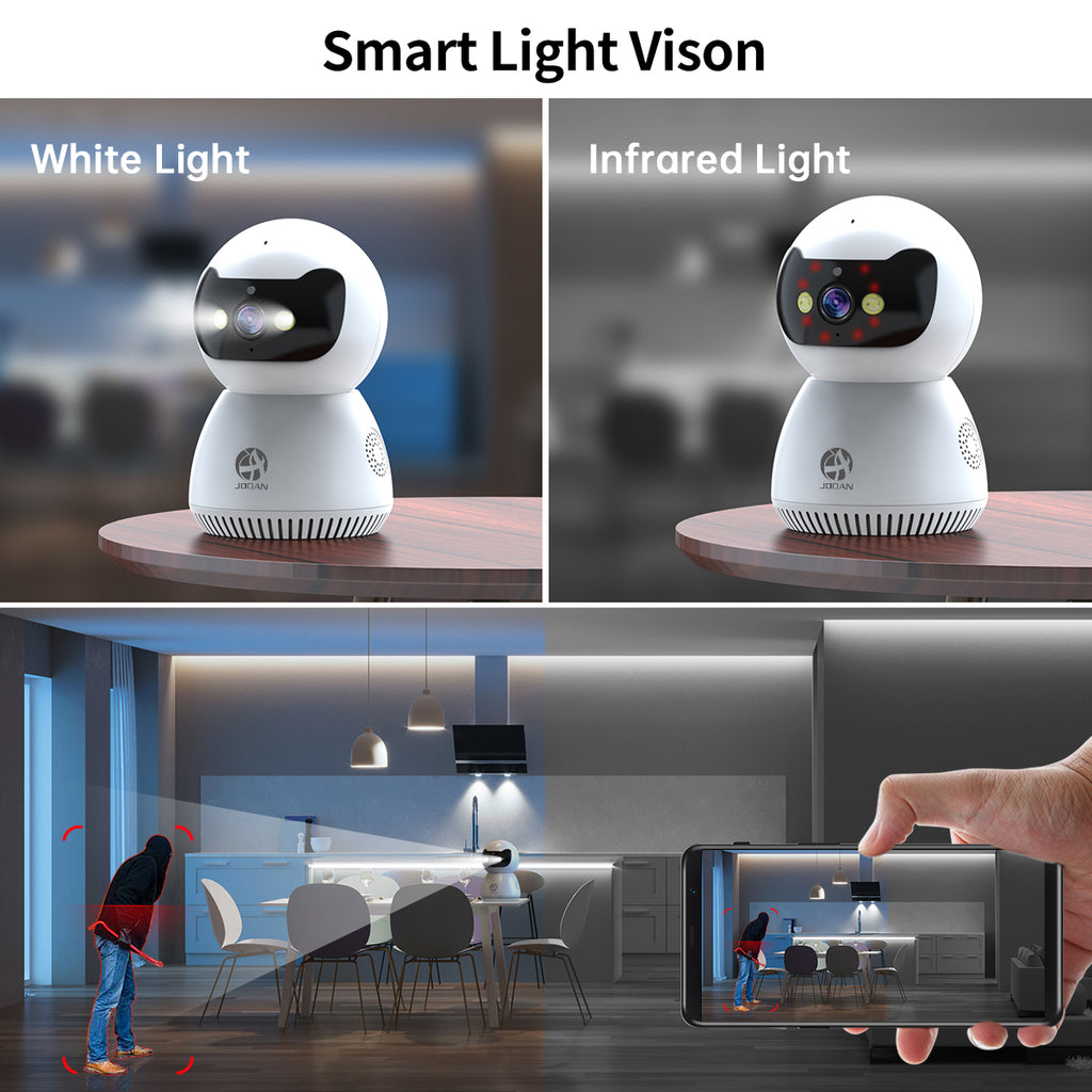JOOAN Caméra de sécurité 2K Full HD avec vision nocturne en couleur, audio bidirectionnel, détection de mouvement, enregistrement de suivi, contrôle à distance via application mobile